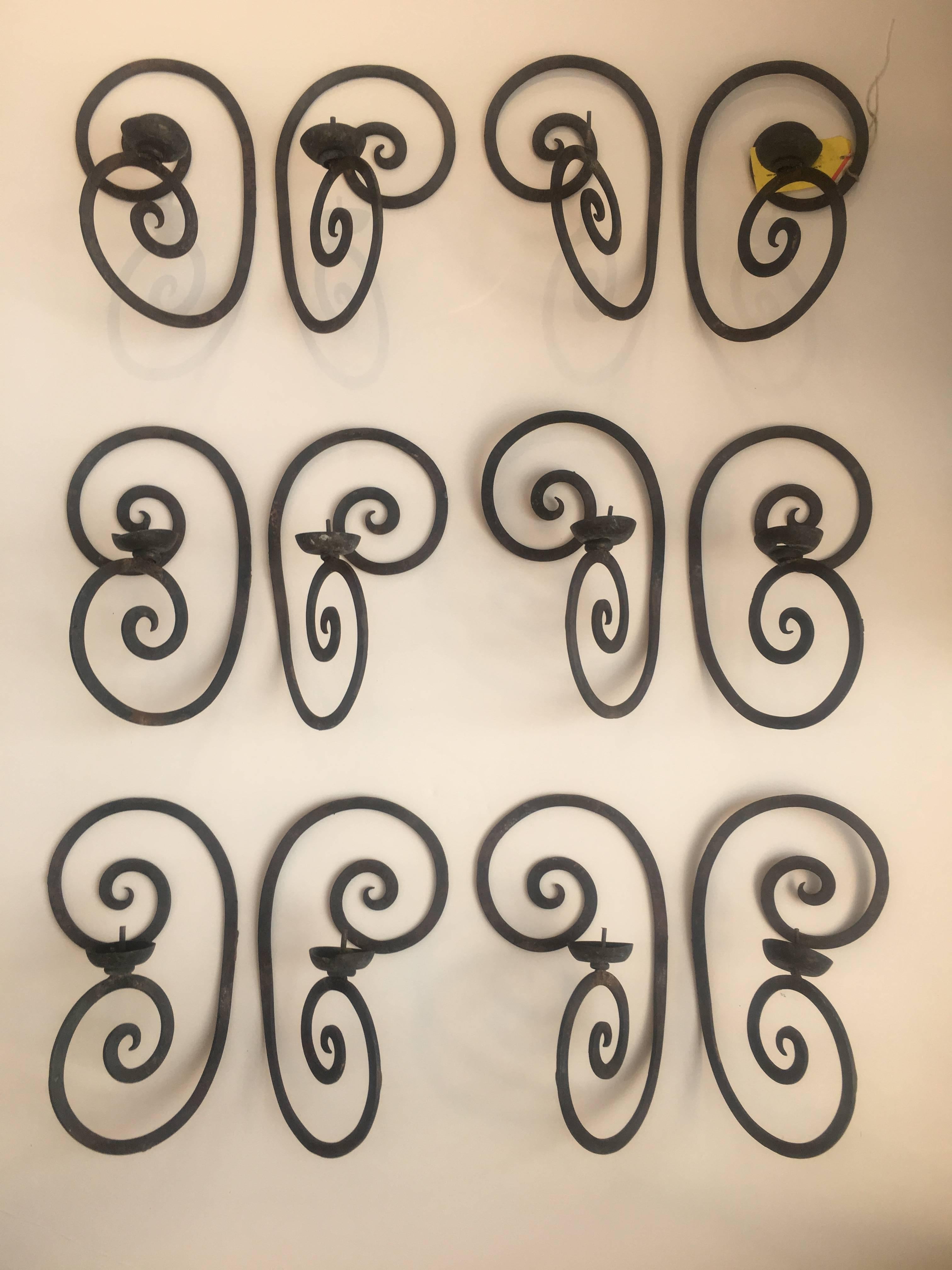 Pair of Single Arm Wrought Iron Scroll Back Sconces with Bobeche For Sale 2