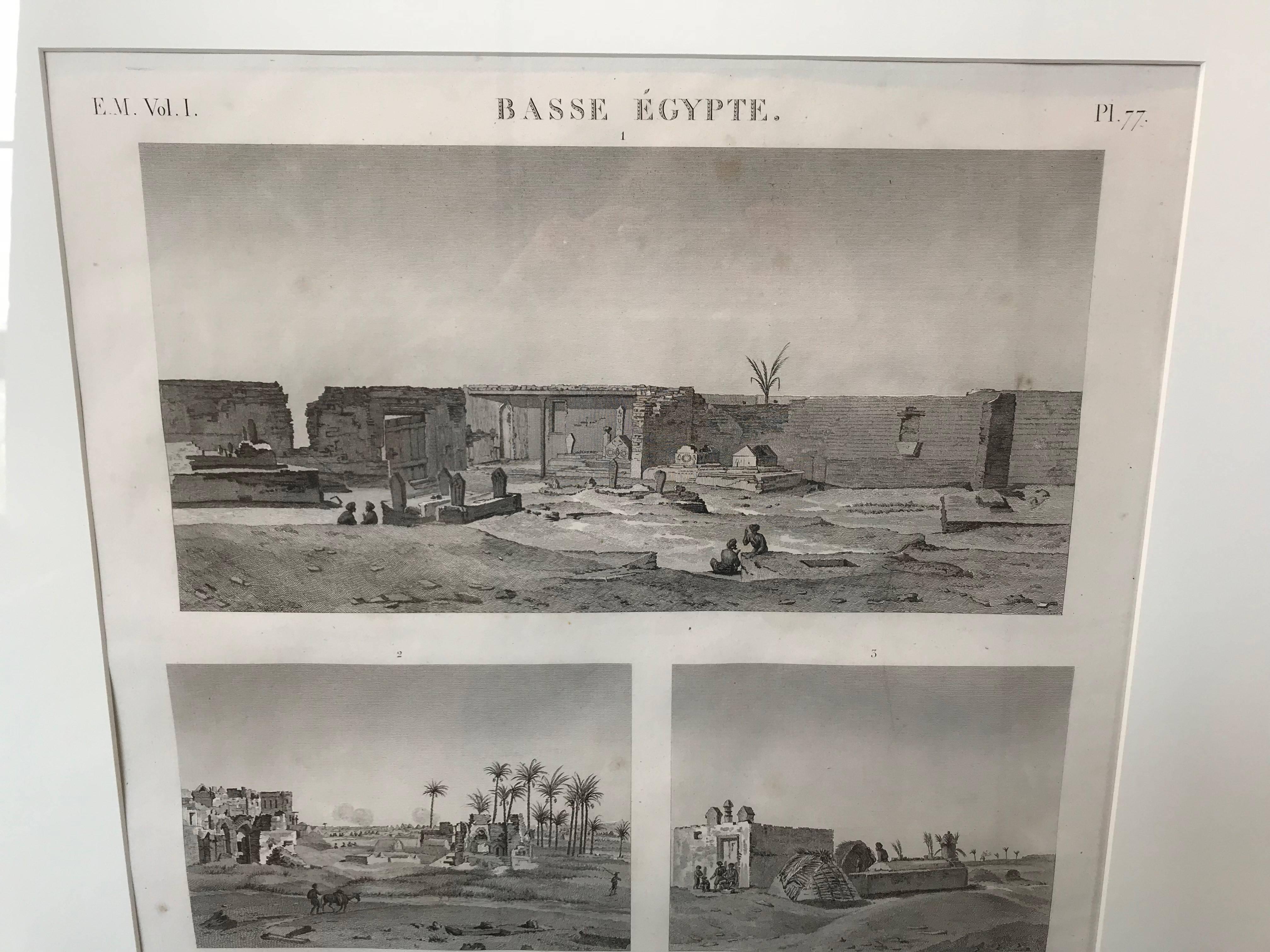 Engraving tracks Napoleon's famous campaign in Egypt in 1798-1799. Published by Pancoucke in Paris and appeared from 1820 to 1830. 

Basse, Egypt: Vues des Tombeau de Damiette; Vue d'un Village Ruine, Environne de Tombeaux.

Custom framed.