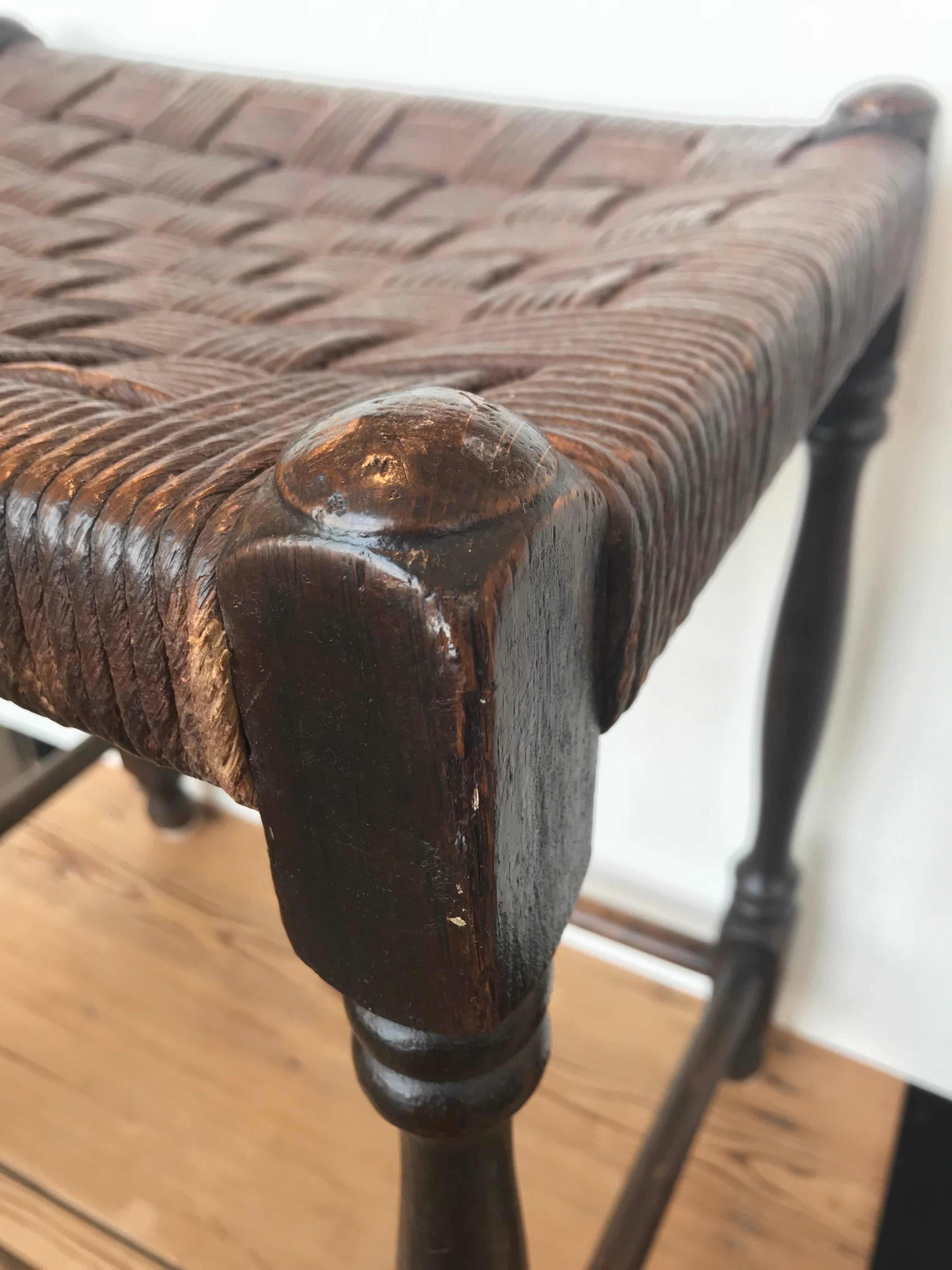 Turned 19th Century Oak Stool with Leather Strapping For Sale