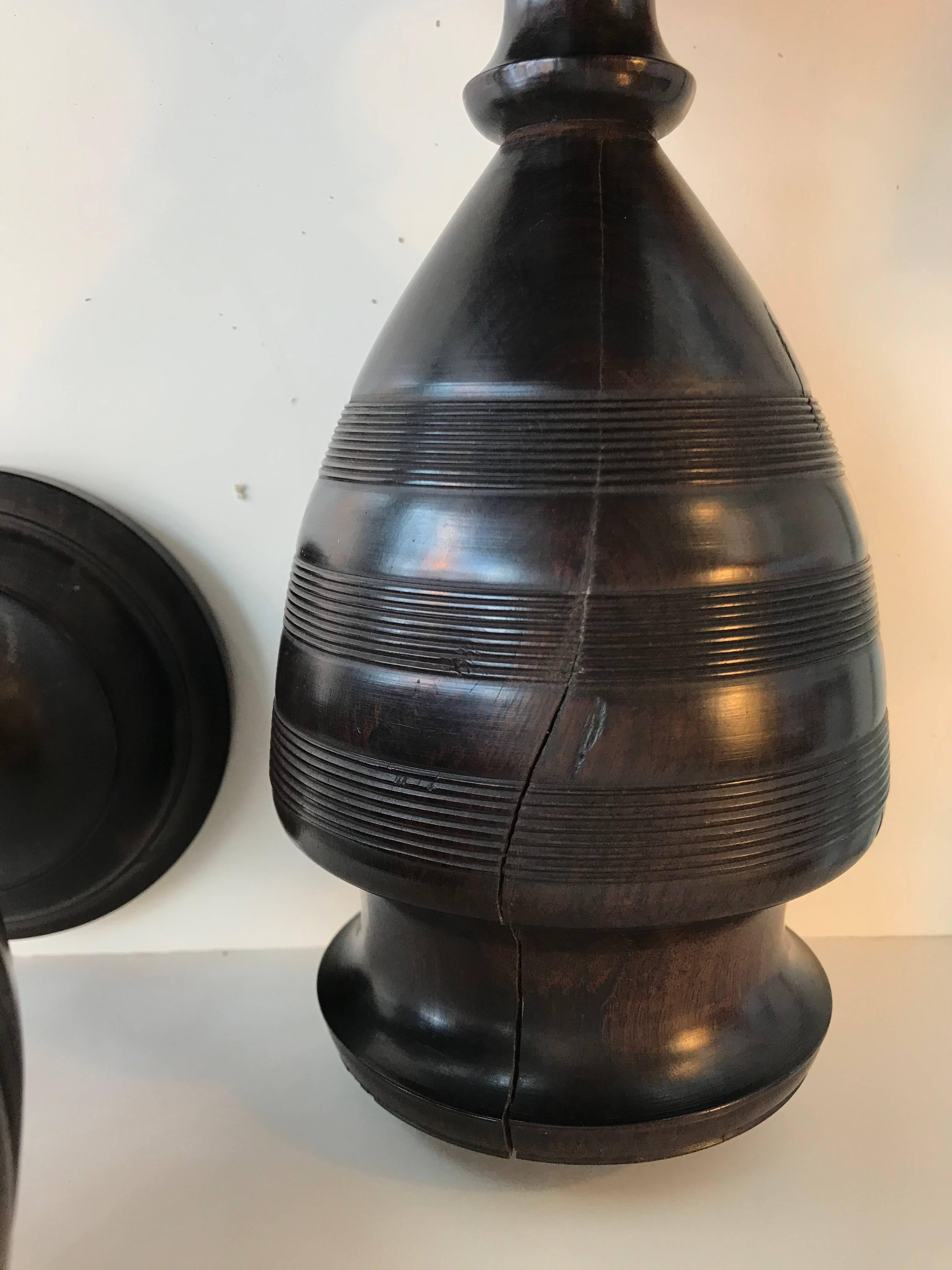 19th Century Pair of Turned Walnut Vases 2