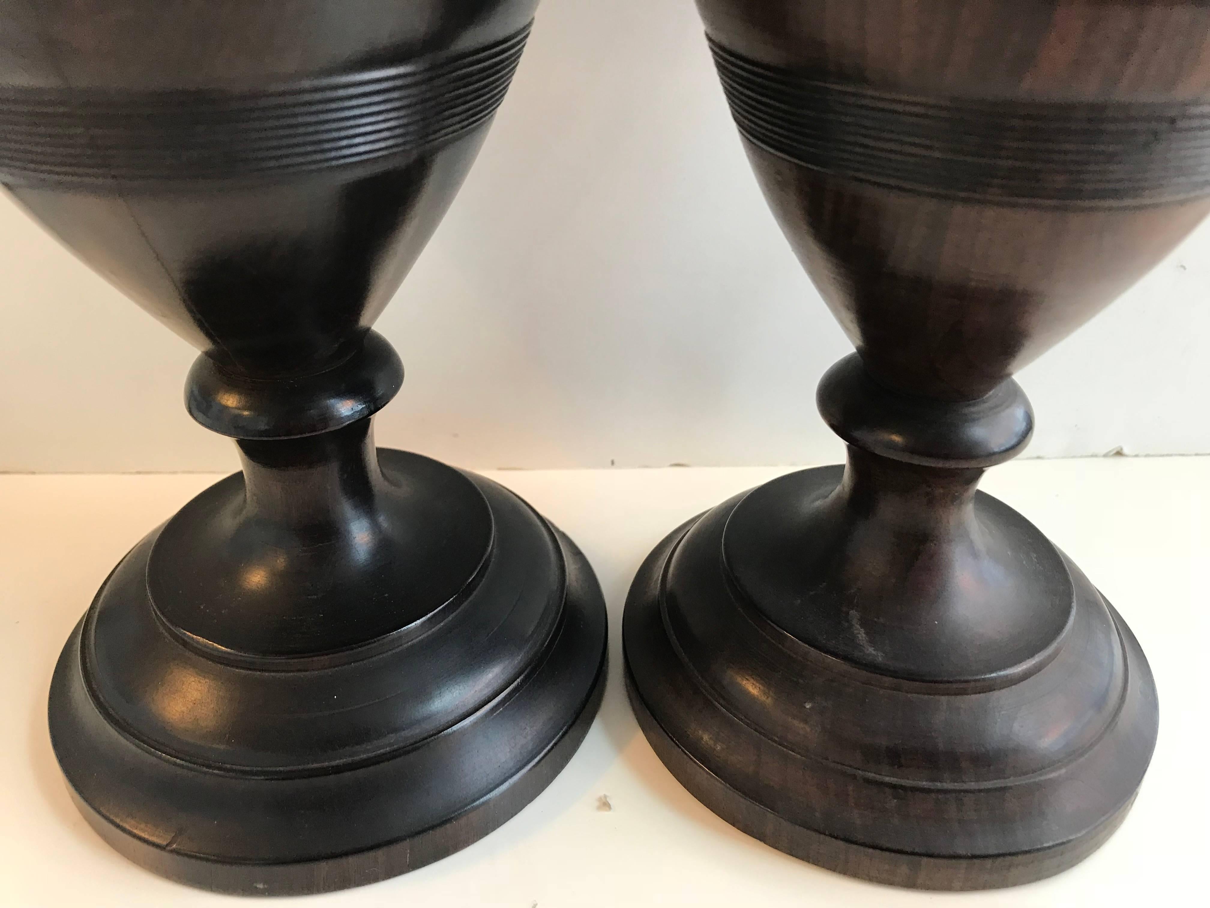 19th Century Pair of Turned Walnut Vases 4