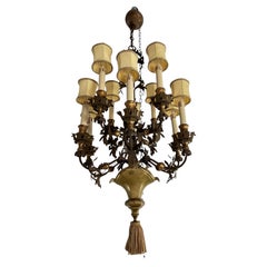 Prestigious Set Of 2 French 10-Light Chandeliers In Wrought Iron And Brass, 1980