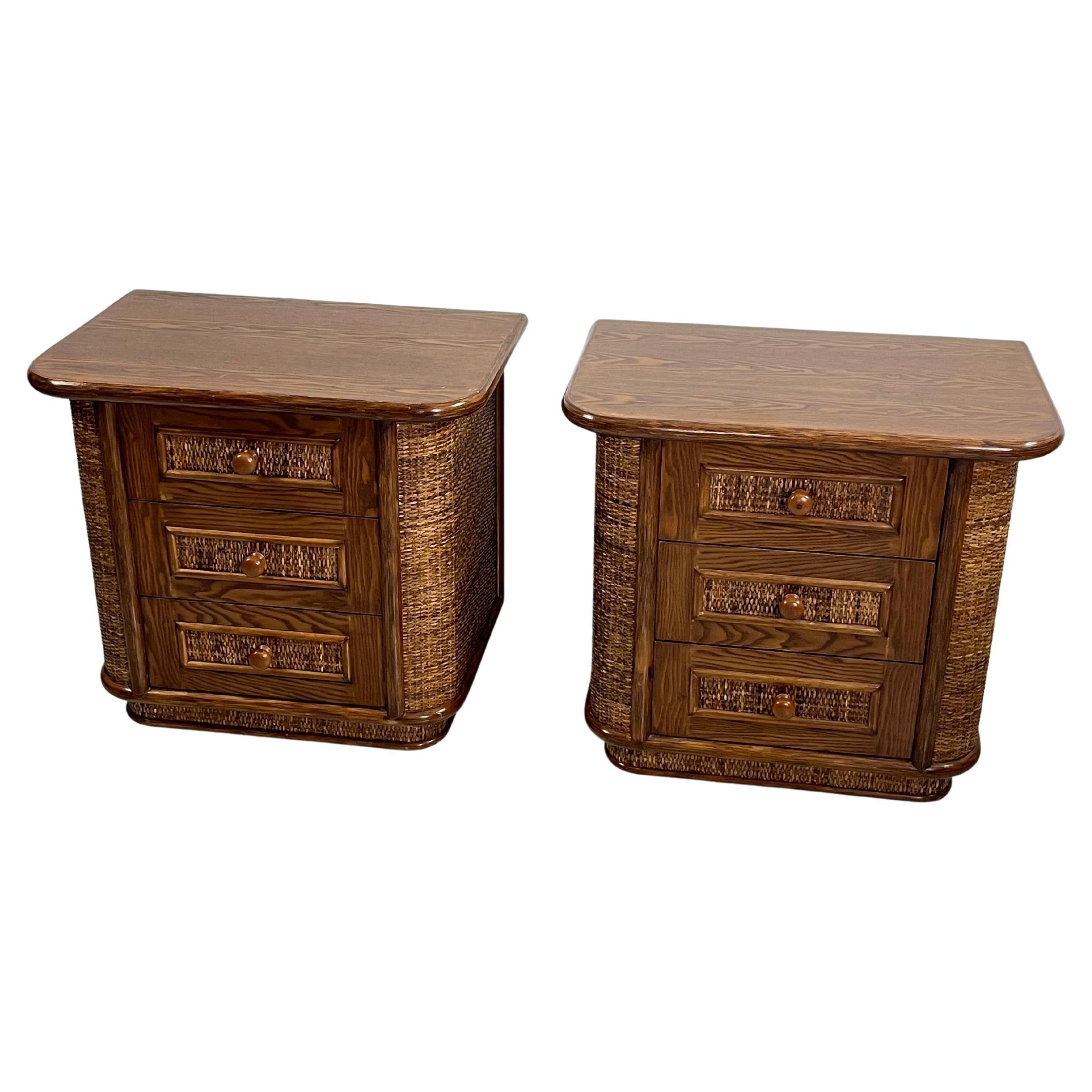 Set Of 2 Wood And Rattan Bedside Tables, Made in Italy 1970s