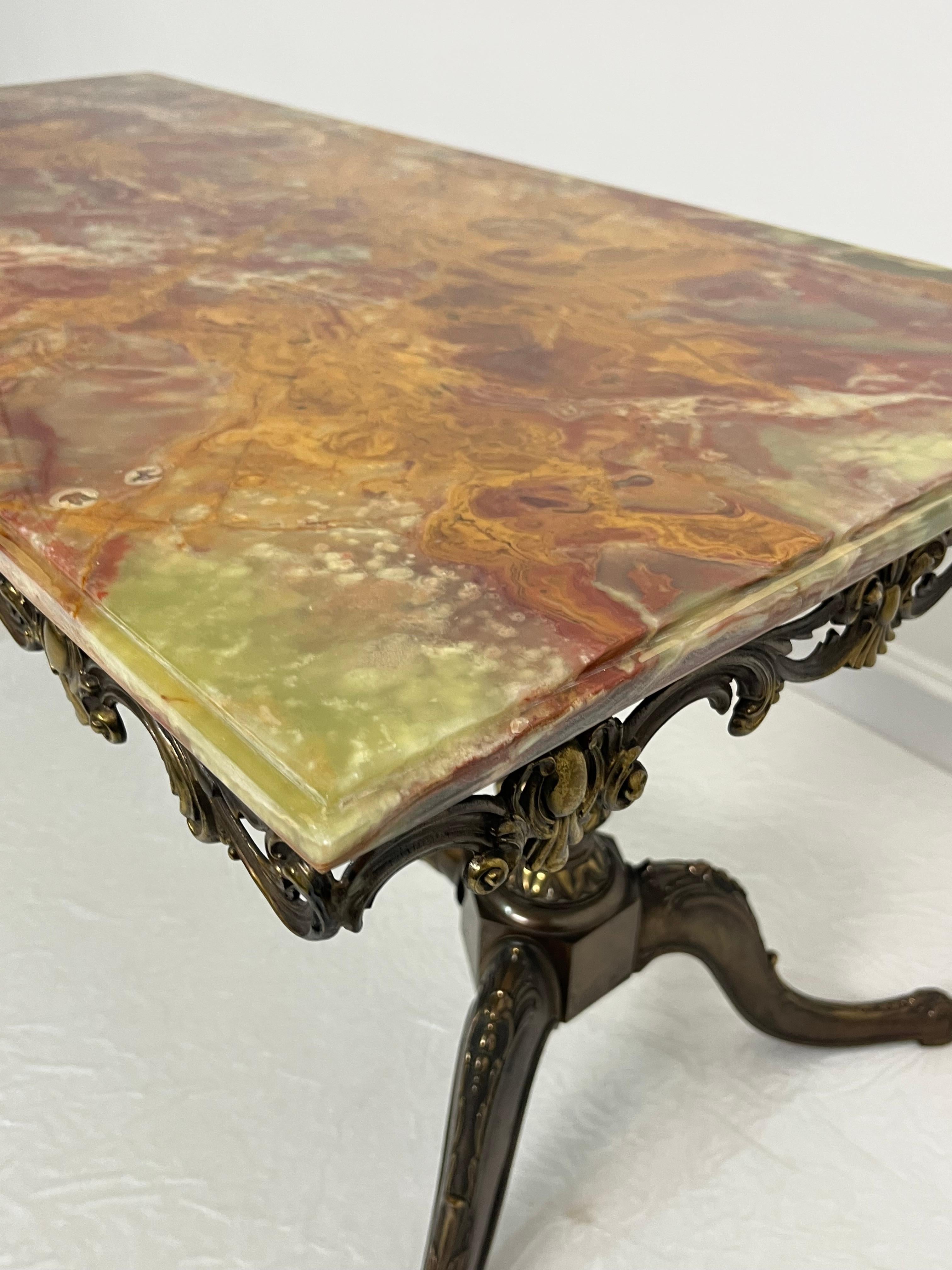 Art Deco Mid-century French Coffee Table with marble top and ornate bronze base, 1950s For Sale