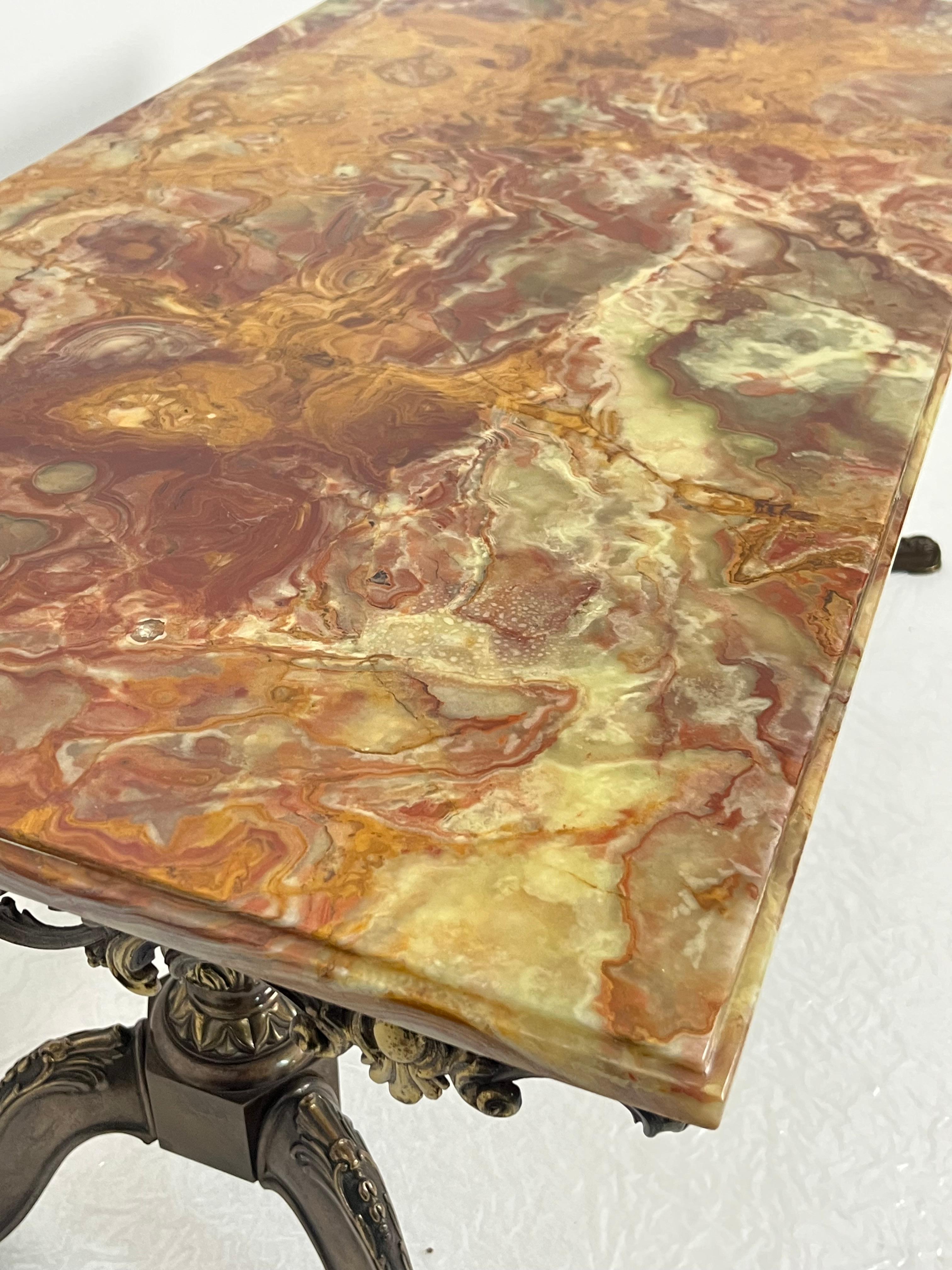 Mid-20th Century Mid-century French Coffee Table with marble top and ornate bronze base, 1950s For Sale