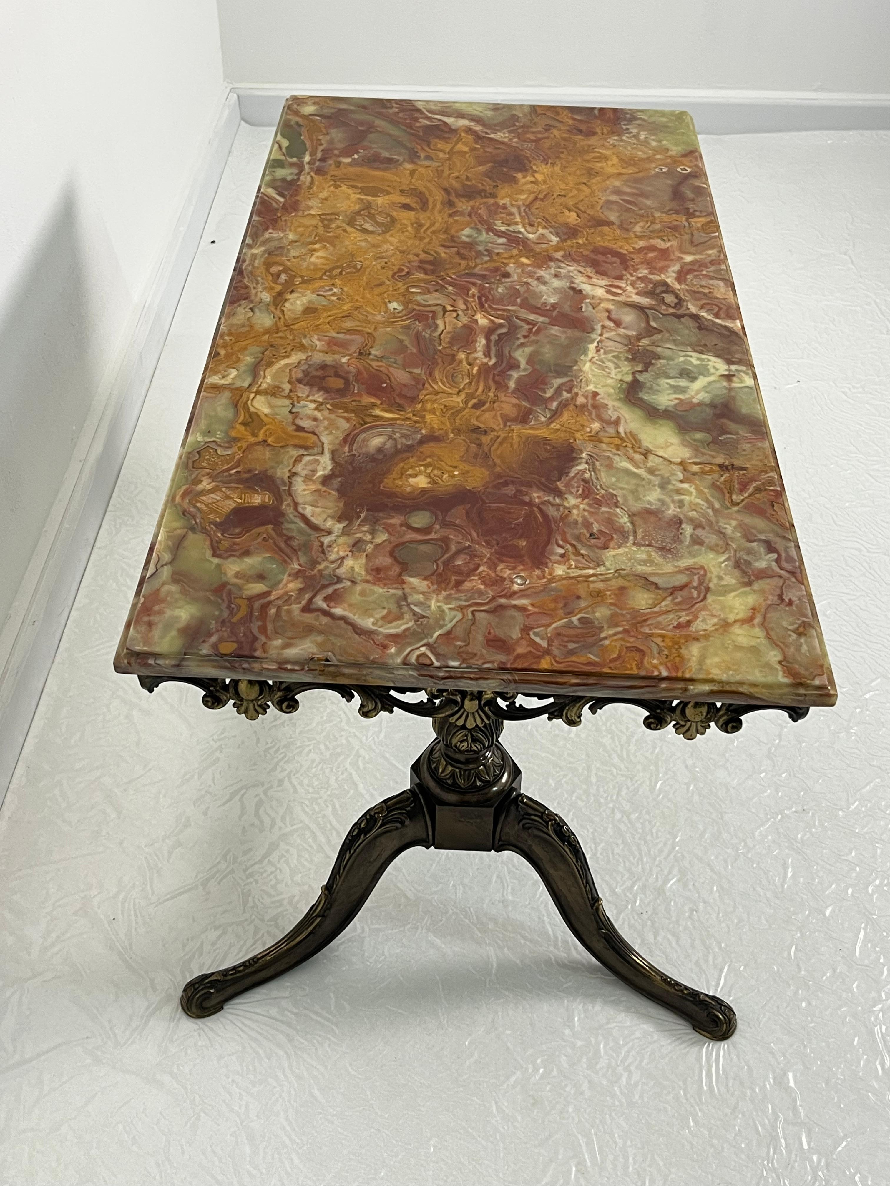 Bronze Mid-century French Coffee Table with marble top and ornate bronze base, 1950s For Sale
