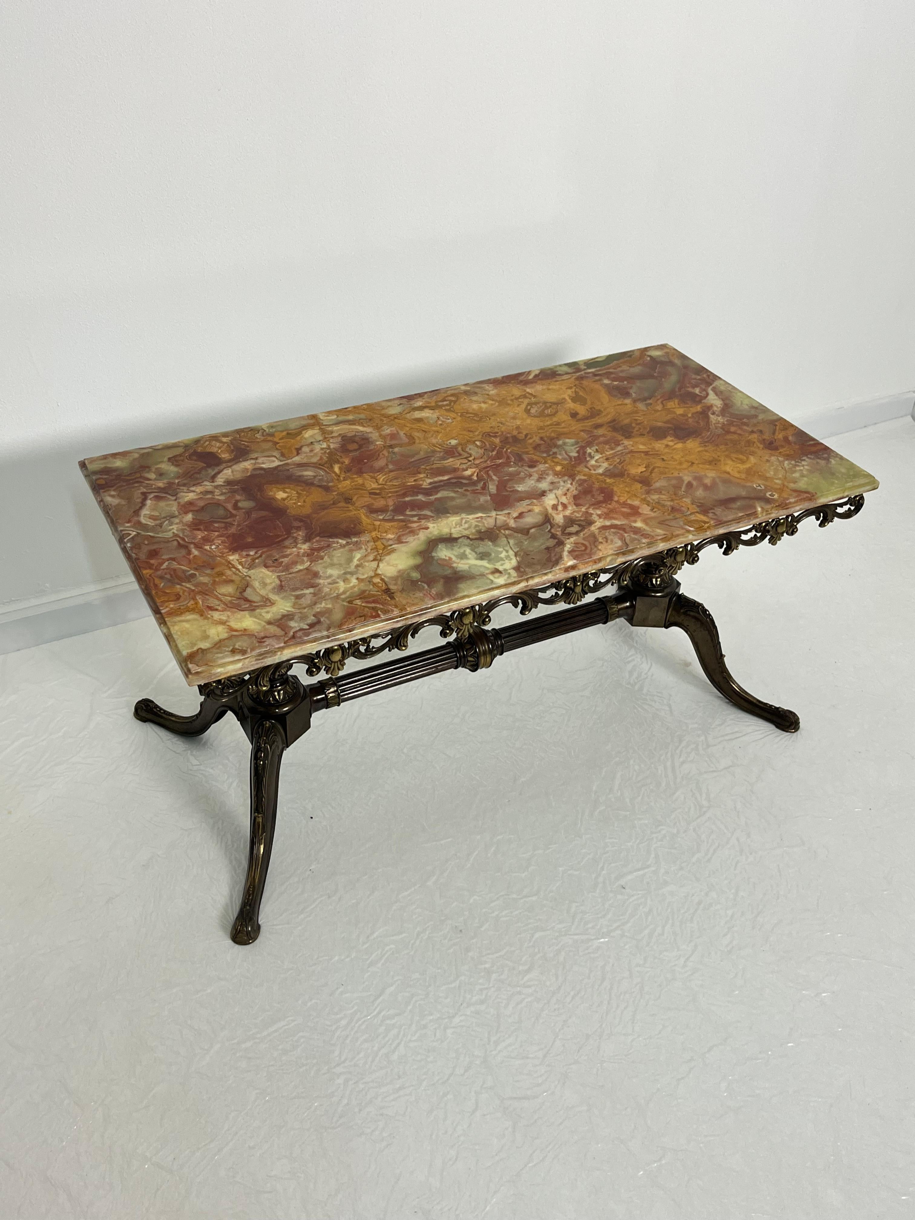 Mid-century French Coffee Table with marble top and ornate bronze base, 1950s For Sale 1