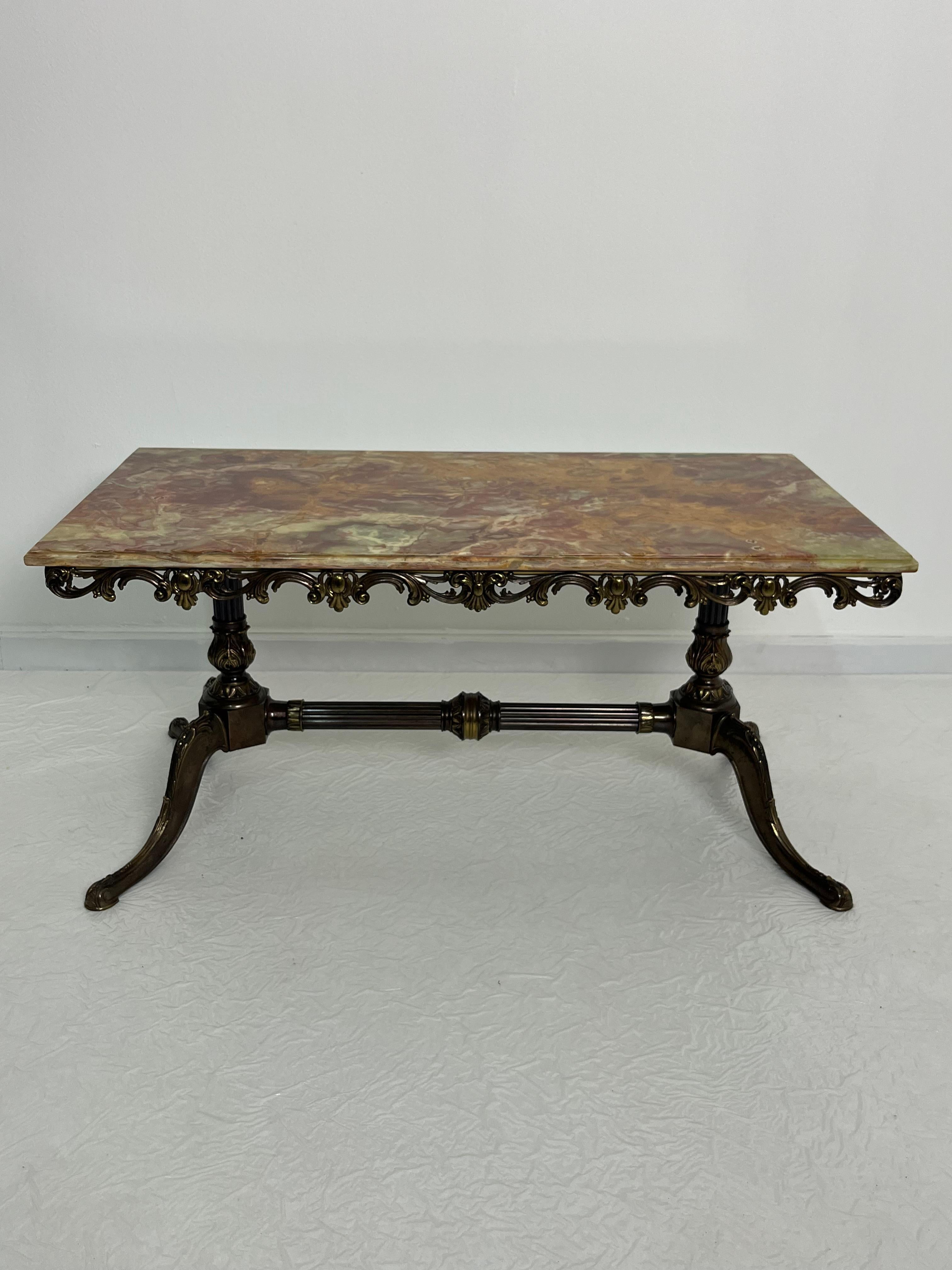 Mid-century French Coffee Table with marble top and ornate bronze base, 1950s For Sale 2