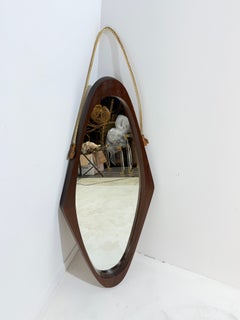 "Shield" oval wall mirror in teak, rope, and leather, Made in Italy, 1960s