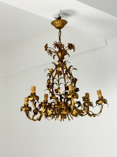 6-Light Floral Chandelier in gold-tone metal, made in Italy, 1960s