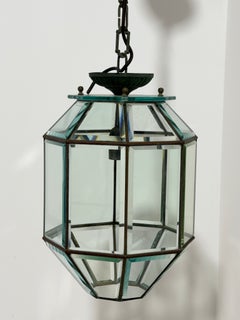 Octagonal brass and beveled glass lantern chandelier in the style of Adolf Loos