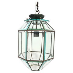 Octagonal brass and beveled glass lantern chandelier in the style of Adolf Loos