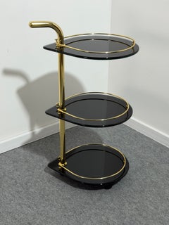 Rare three-tier Bar Cart in gold-tone metal and smoked glass 1970s made in Italy