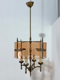 French 4-light Chandelier in brass and curved honey-colored glass, 1960s