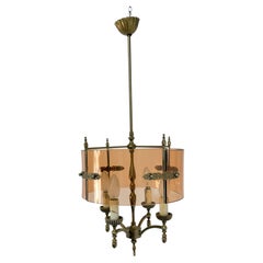French 4-light Chandelier in brass and curved honey-colored glass, 1960s