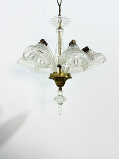 Small 6-light Murano Glass and Brass Chandelier attributed to Seguso, 1940s