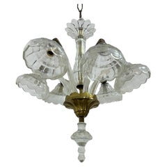 Small 6-light Murano Glass and Brass Chandelier attributed to Seguso, 1940s