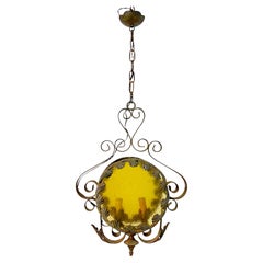 Lampadario a 2 luci in ferro battuto e vetro colorato, anni '60