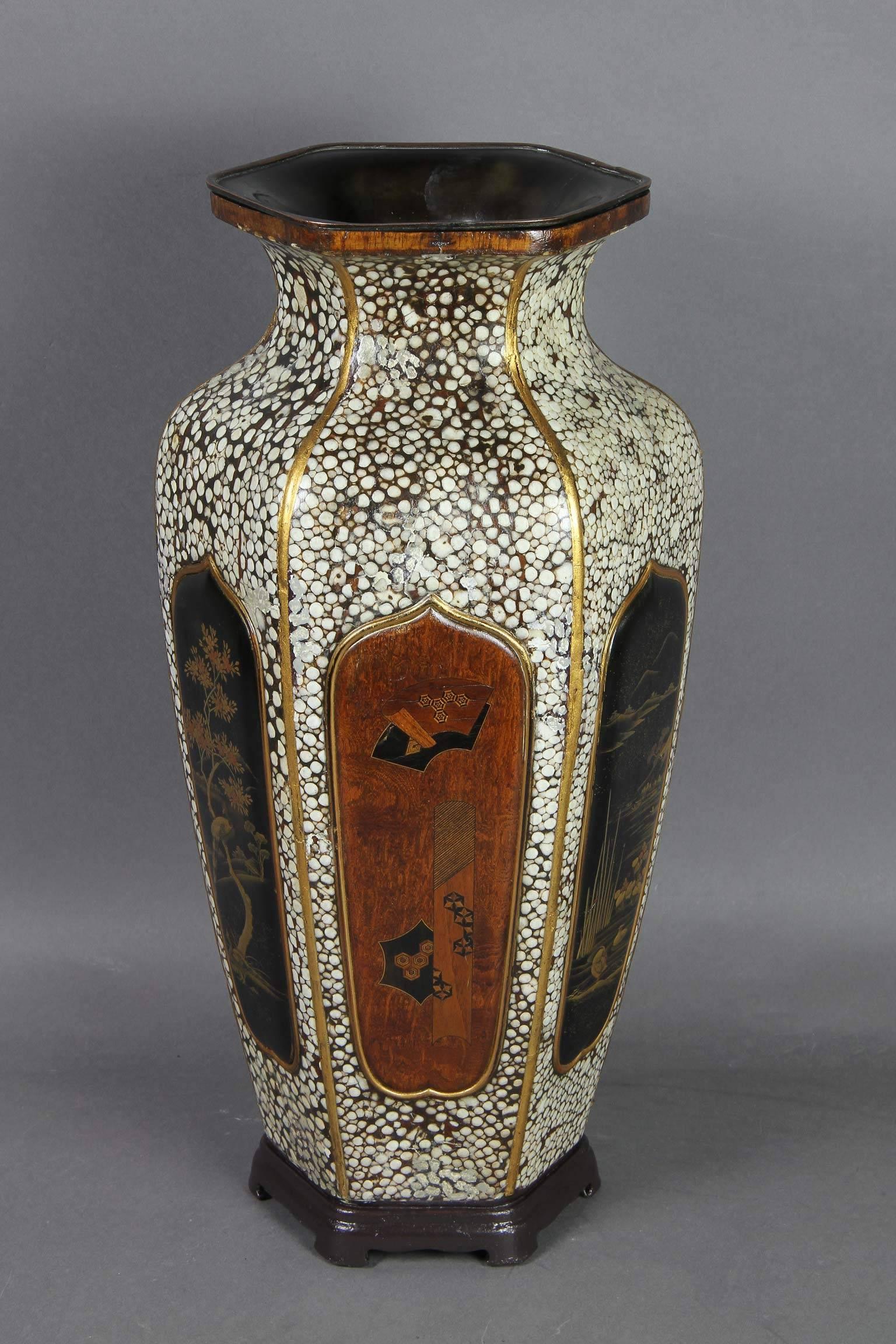 Arts and Crafts Japanese Shagreen, Lacquer and Inlaid Wood Vase