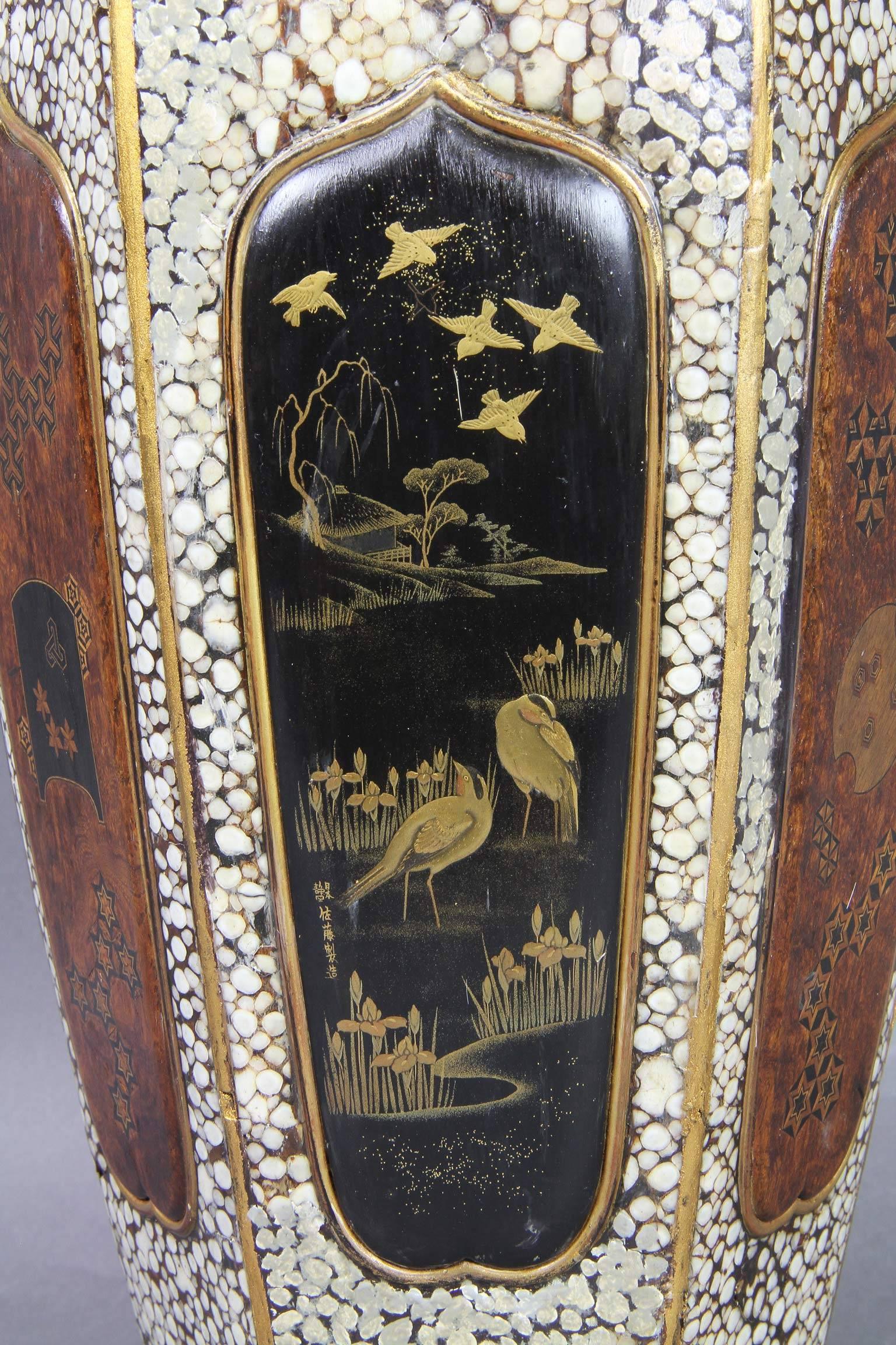 19th Century Japanese Shagreen, Lacquer and Inlaid Wood Vase
