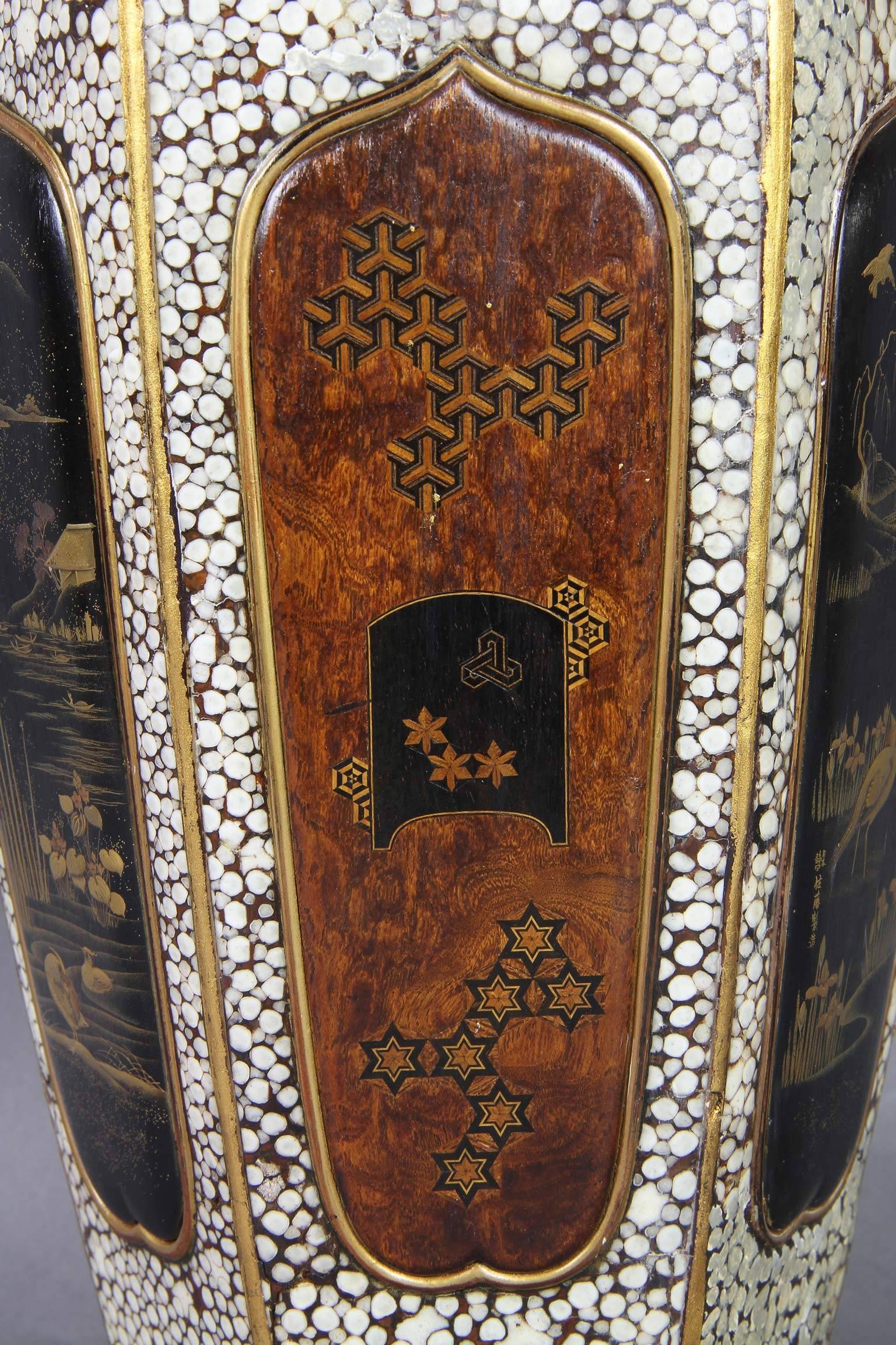 Japanese Shagreen, Lacquer and Inlaid Wood Vase 3