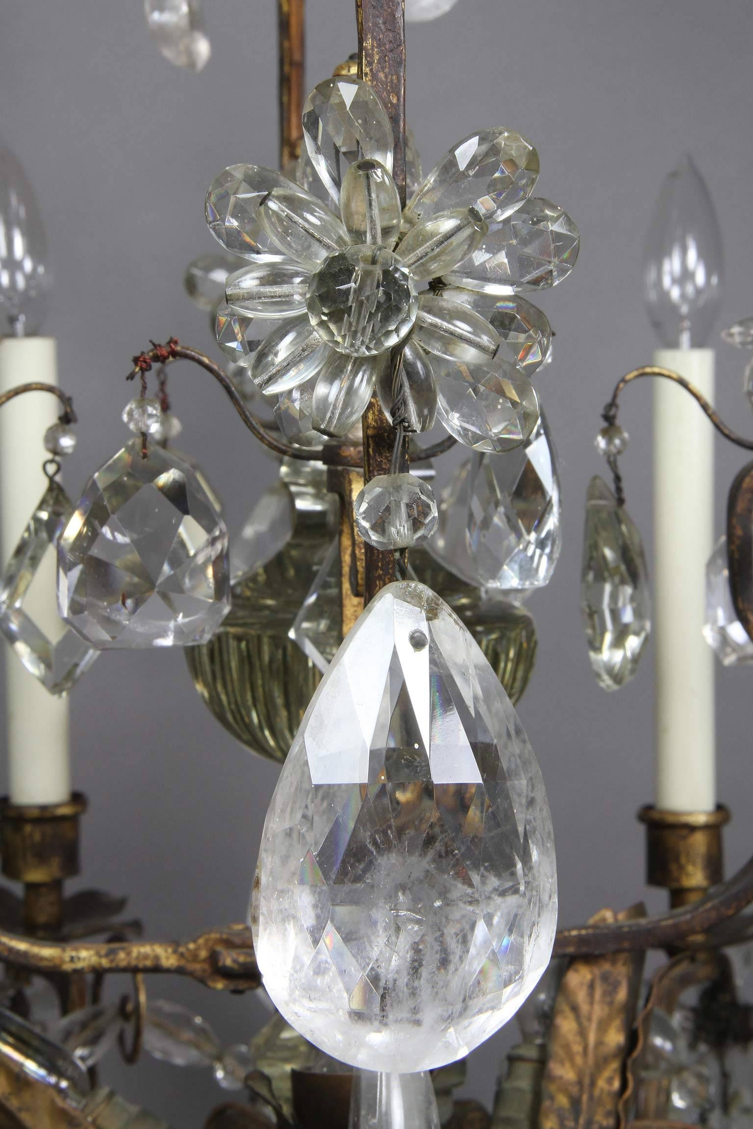 Louis XV Gilded Wrought Iron and Rock Crystal Chandelier In Good Condition For Sale In Essex, MA