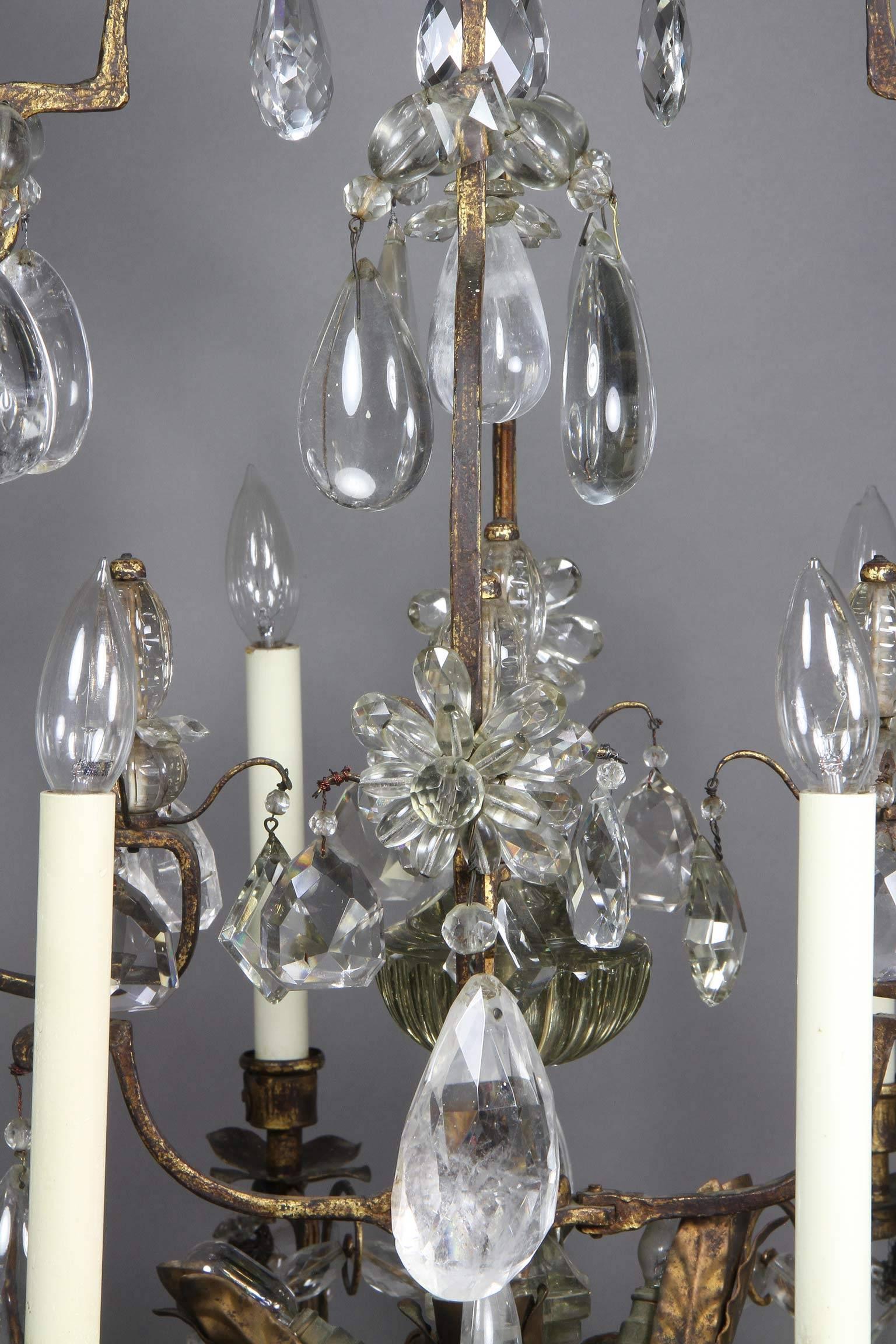 Mid-18th Century Louis XV Gilded Wrought Iron and Rock Crystal Chandelier For Sale