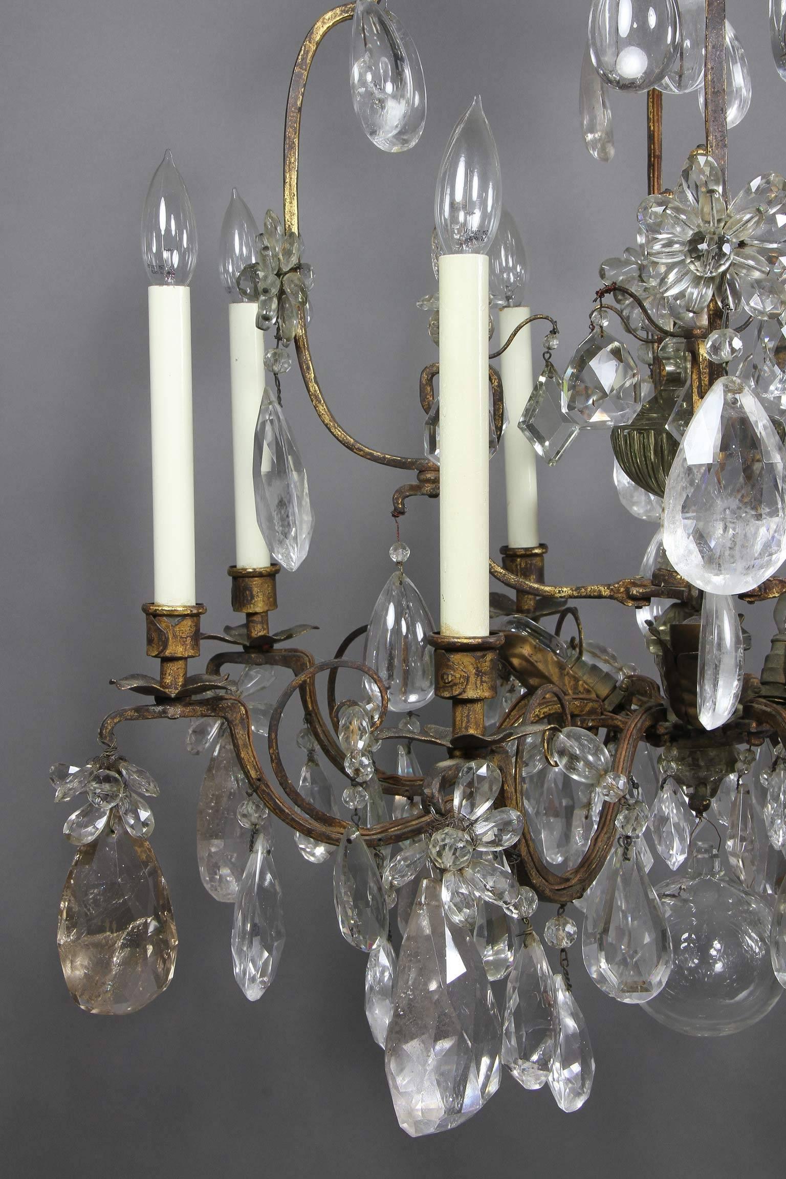 Louis XV Gilded Wrought Iron and Rock Crystal Chandelier For Sale 1