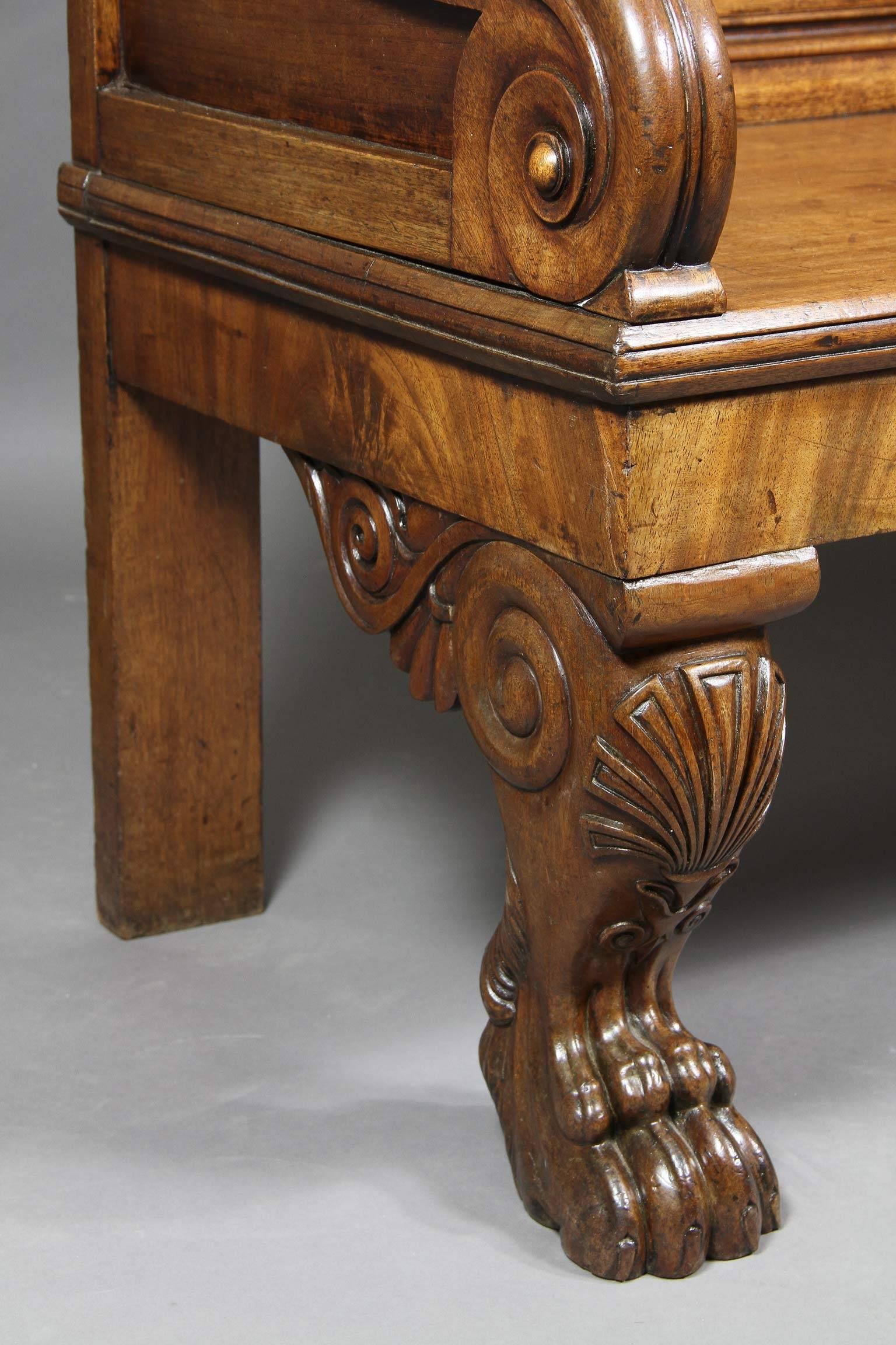 English Irish William IV Carved Mahogany Hall Bench