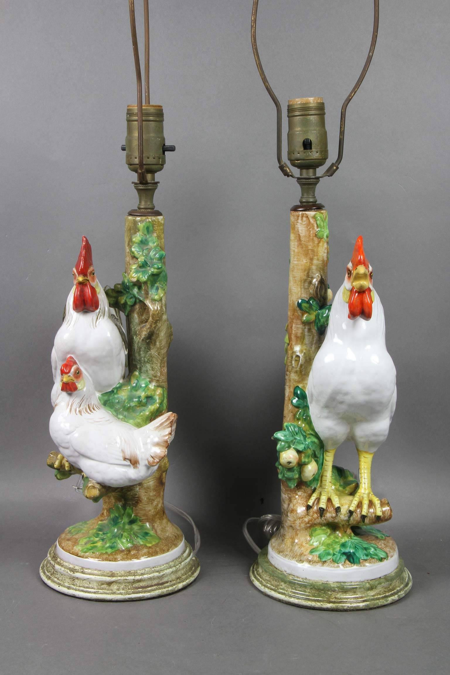 Pair of European Porcelain Rooster Table Lamps In Good Condition In Essex, MA