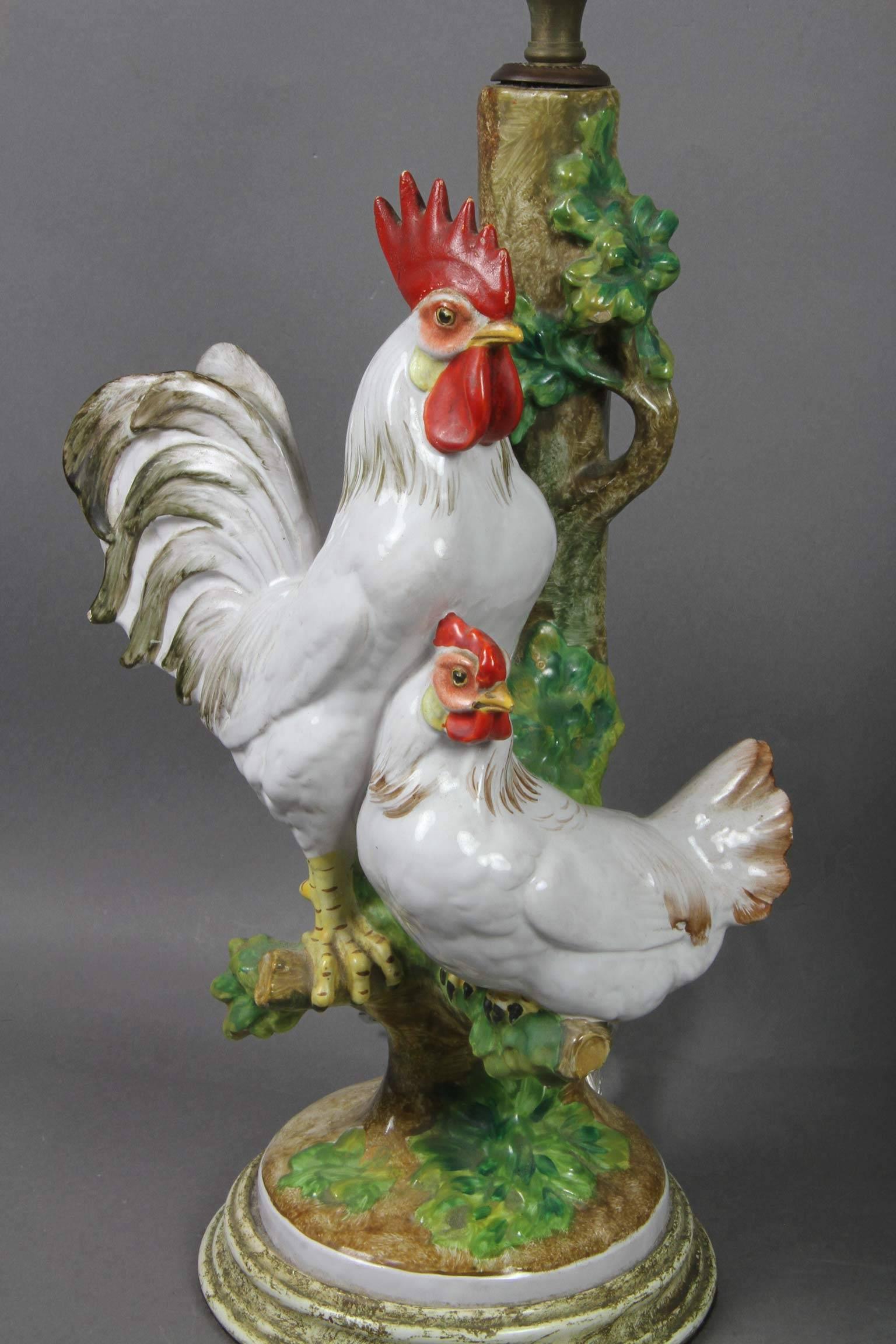 Late Victorian Pair of European Porcelain Rooster Table Lamps