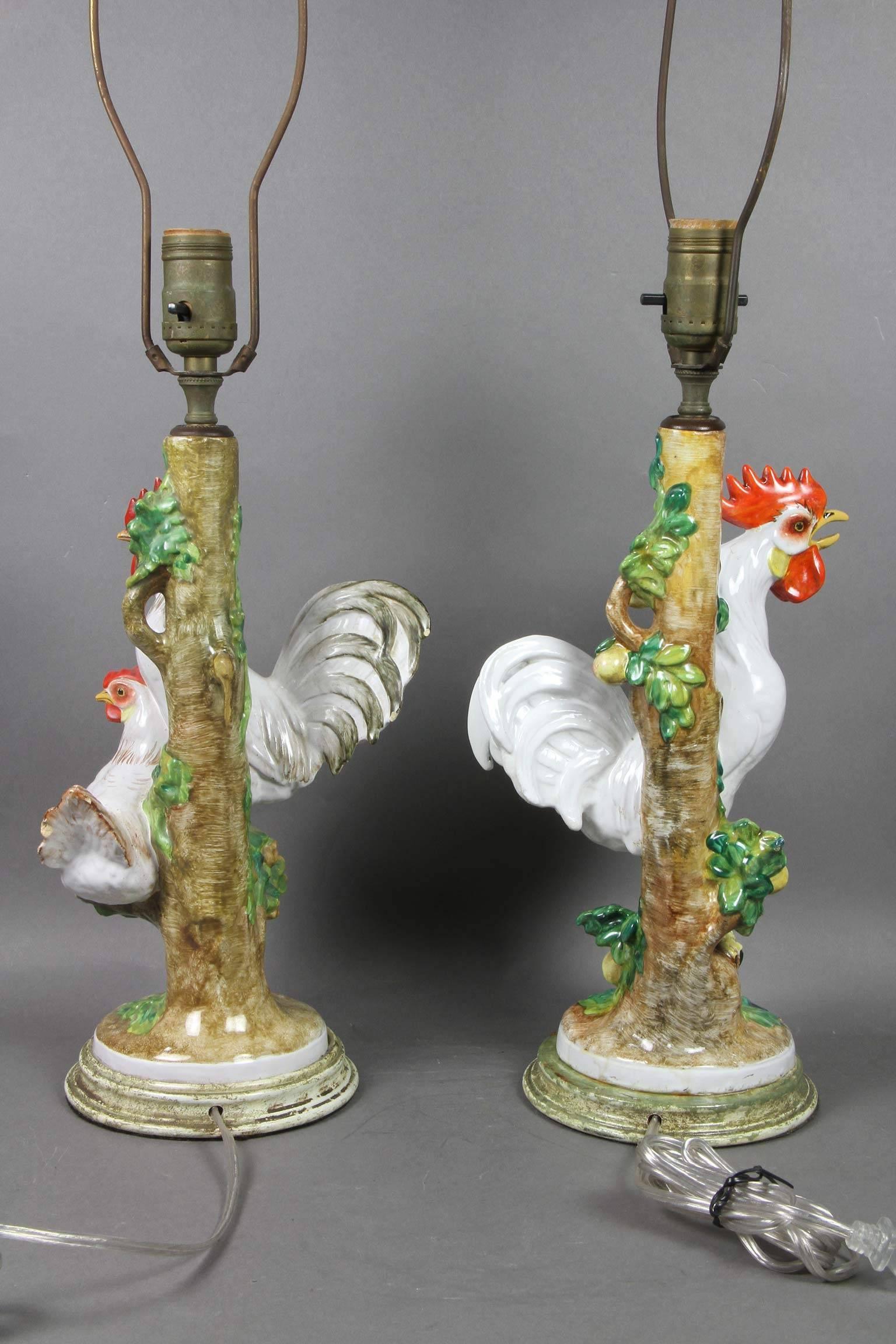 19th Century Pair of European Porcelain Rooster Table Lamps