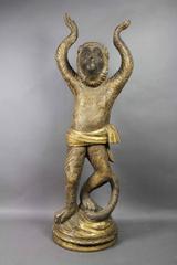 Humorous Carved Wood Figure of a Monkey Holding a Bowl