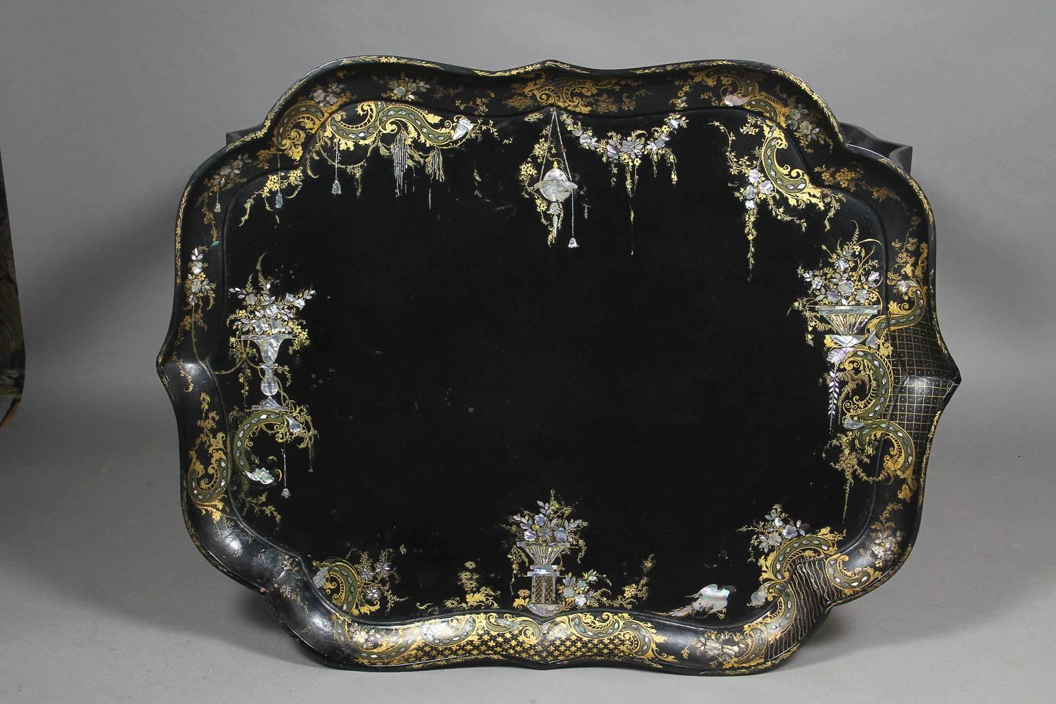 English Victorian Papier Mache and Mother of Pearl Tray Table