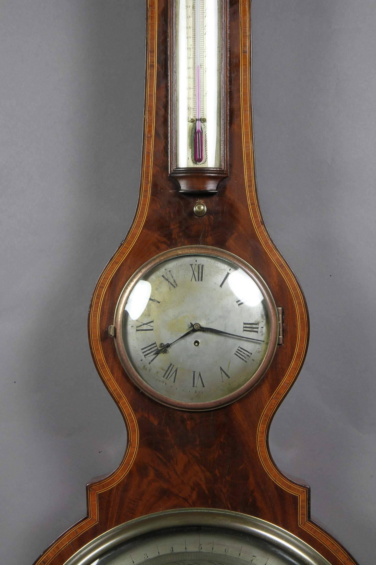 Regency Mahogany and Inlaid Barometer or Clock by P. Taroni, Jersey In Good Condition In Essex, MA