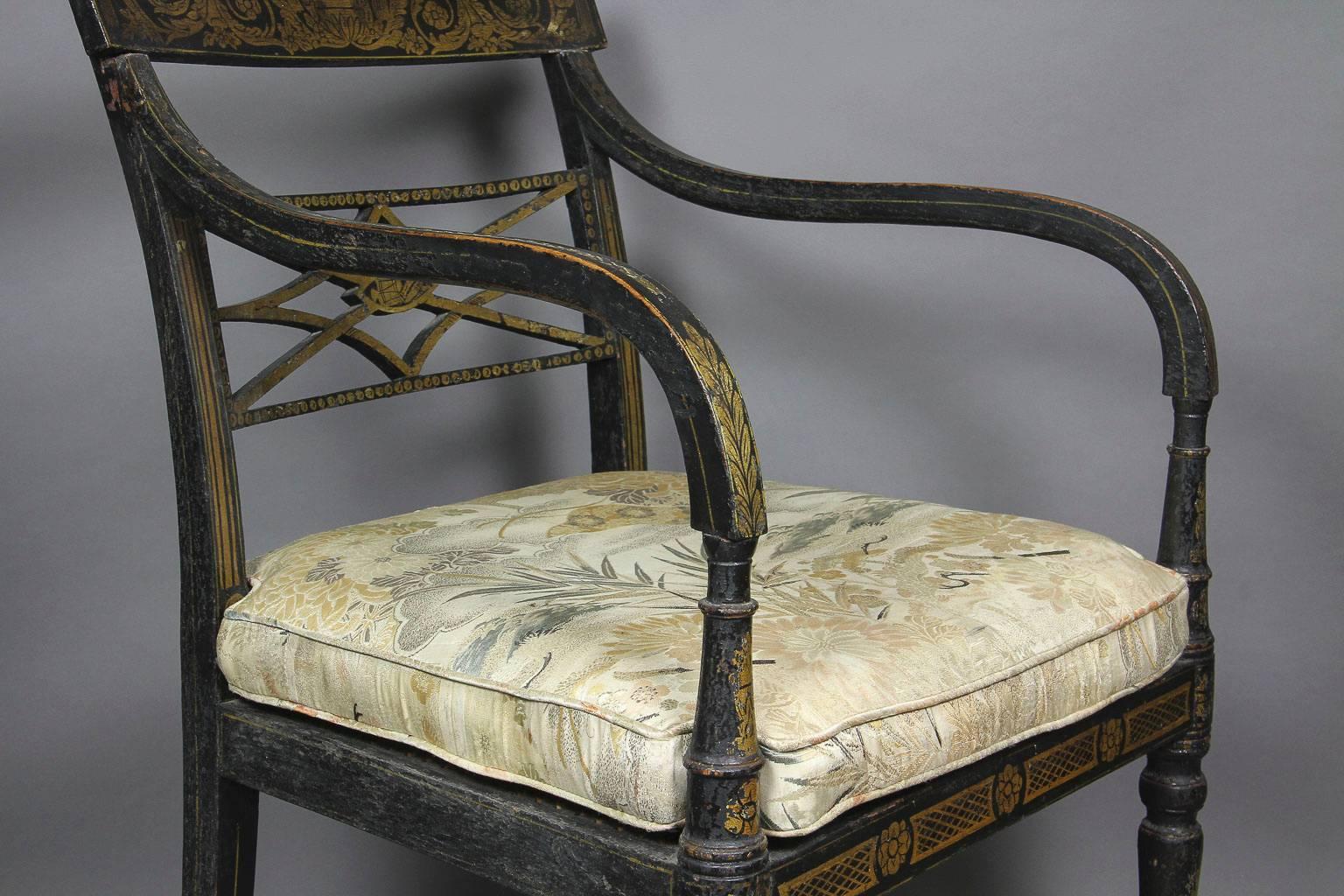 Pair of Regency Ebonized and Gilded Armchairs 2