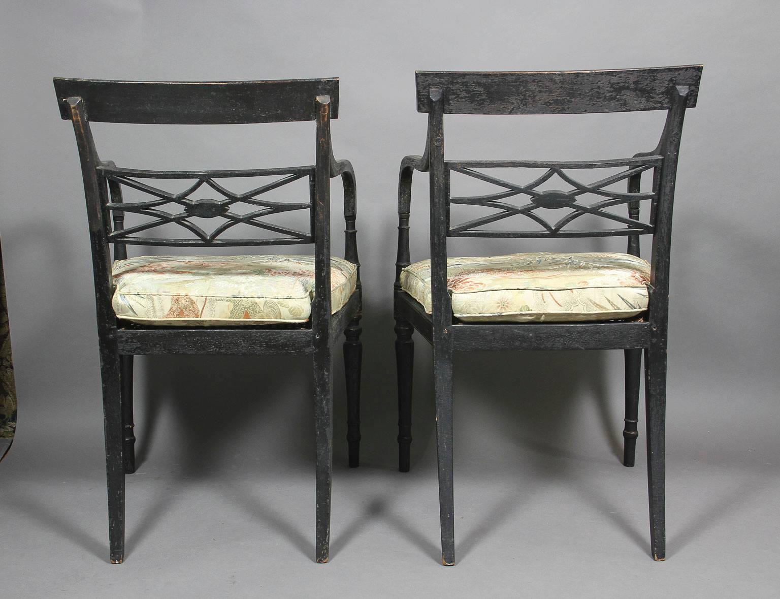 Pair of Regency Ebonized and Gilded Armchairs In Good Condition In Essex, MA