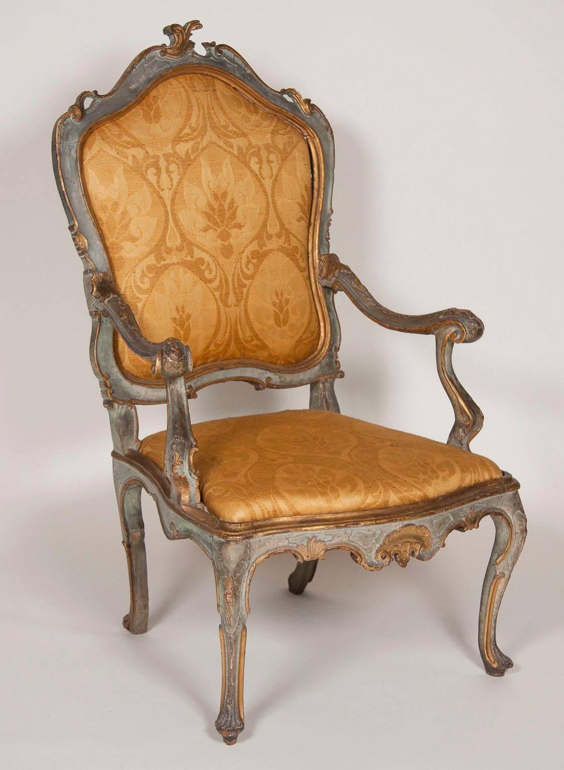 Italian Fine Pair of Venetian Rococo Blue Painted and Gilded Armchairs
