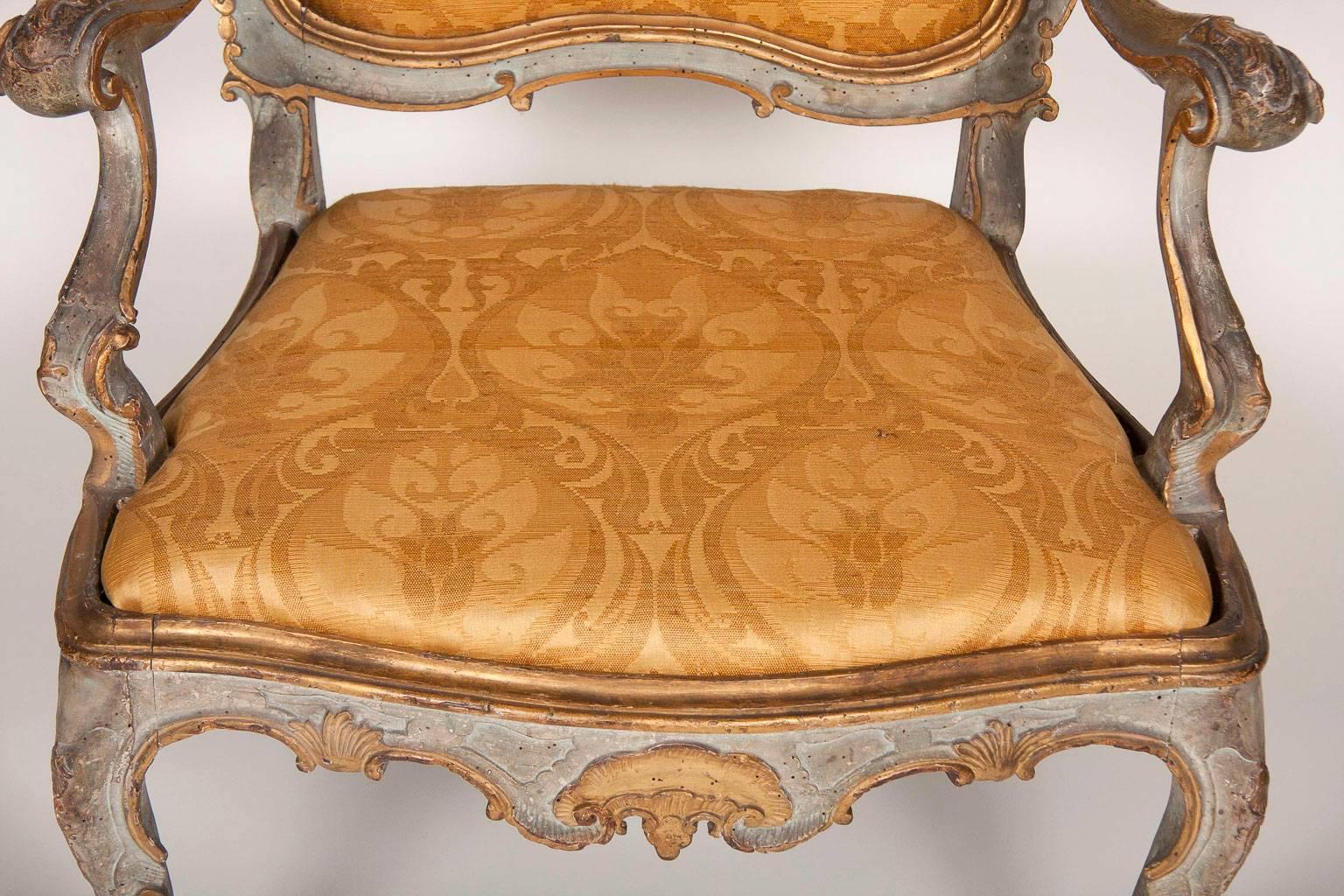 Mid-18th Century Fine Pair of Venetian Rococo Blue Painted and Gilded Armchairs