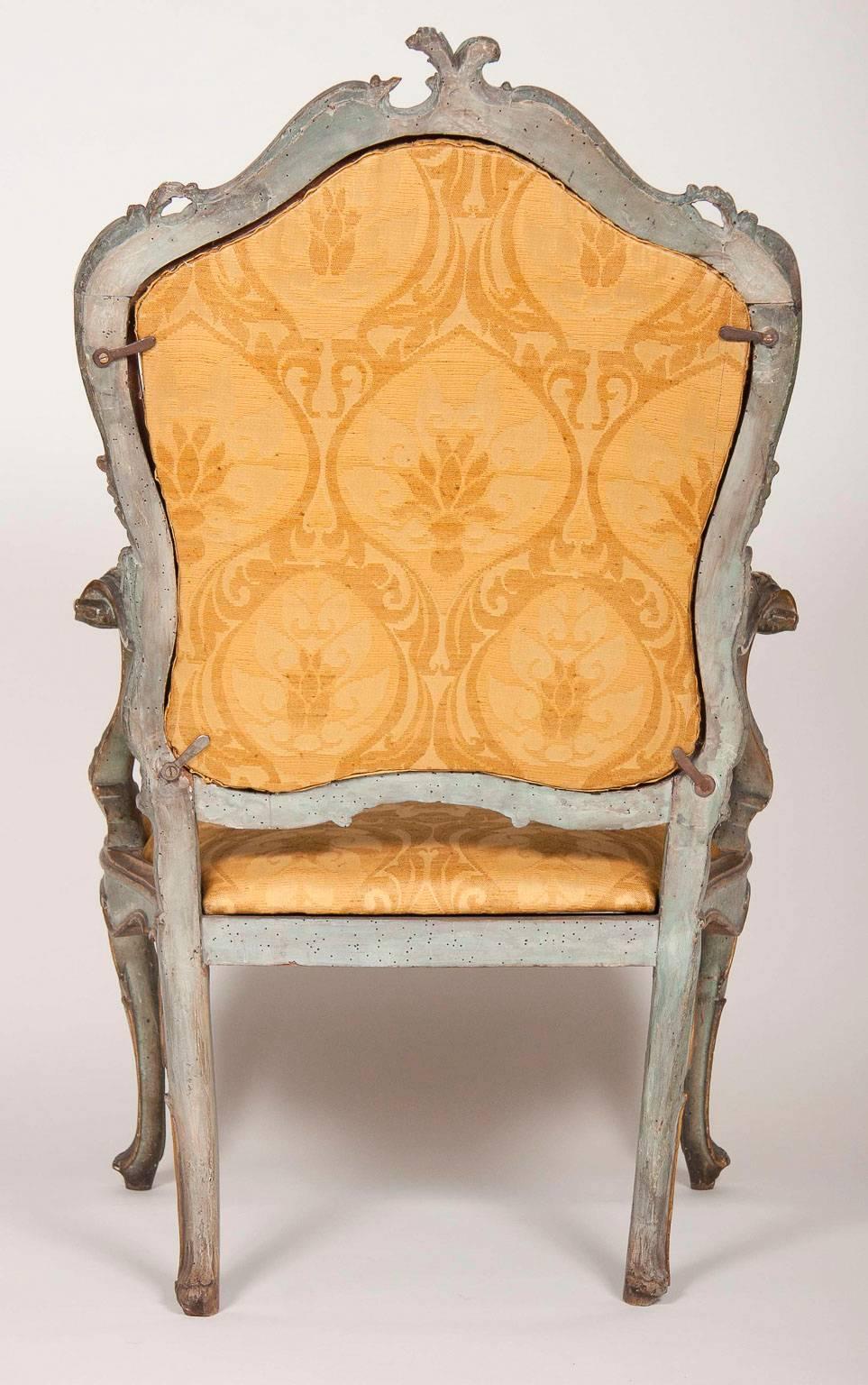Fine Pair of Venetian Rococo Blue Painted and Gilded Armchairs 5