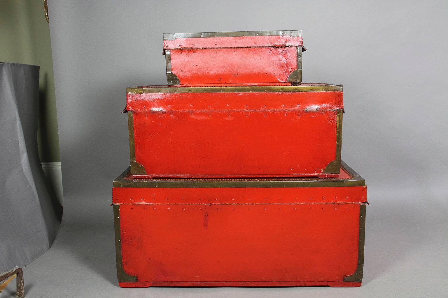 Nest of Three Chinese Export Red Lacquered Leather Trunks In Good Condition In Essex, MA