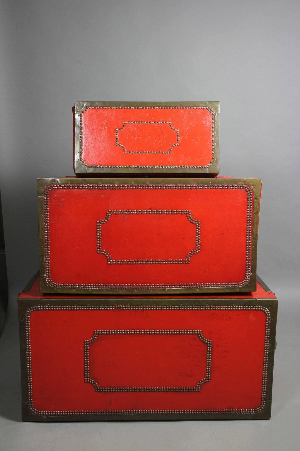 Nest of Three Chinese Export Red Lacquered Leather Trunks 2