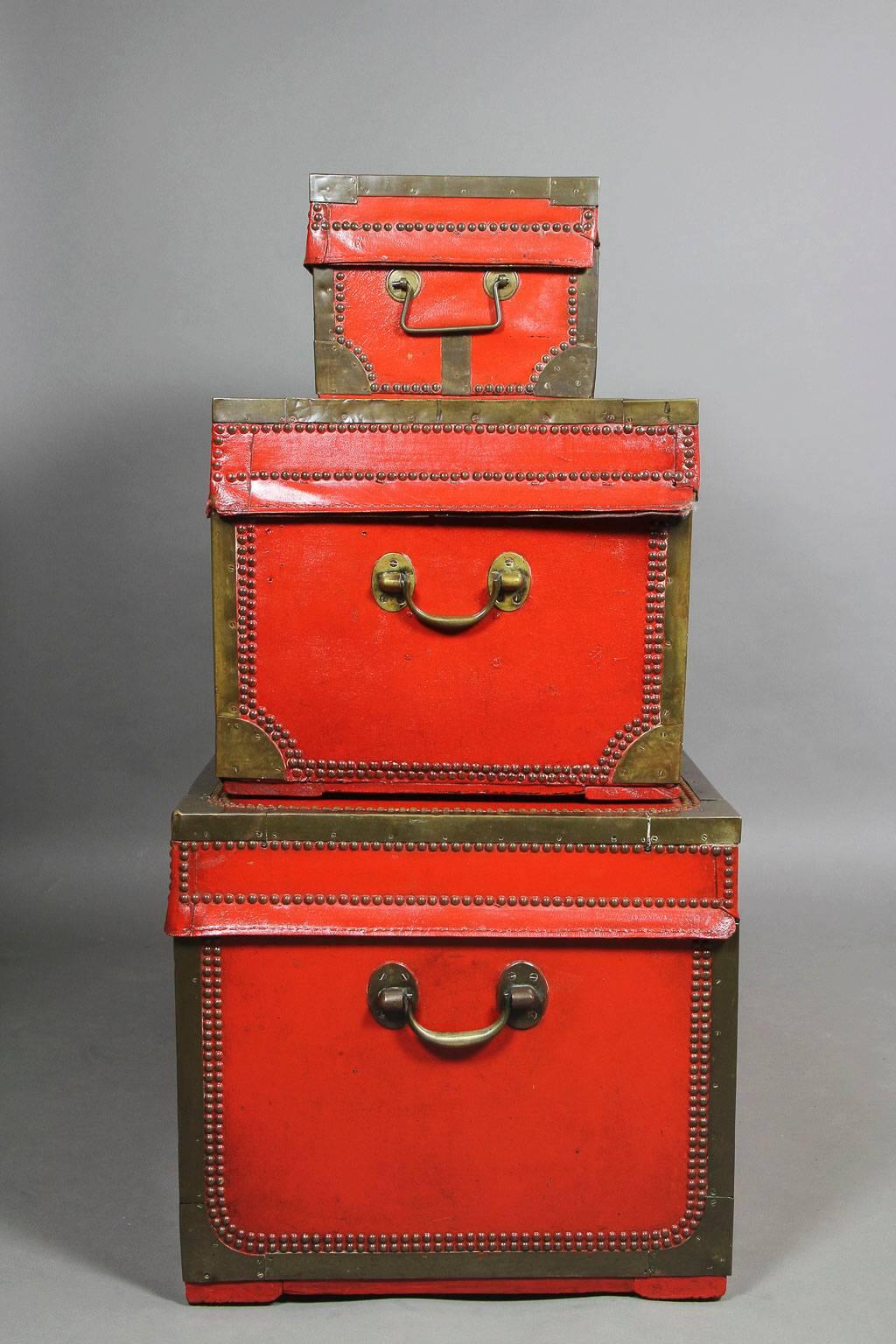 19th Century Nest of Three Chinese Export Red Lacquered Leather Trunks