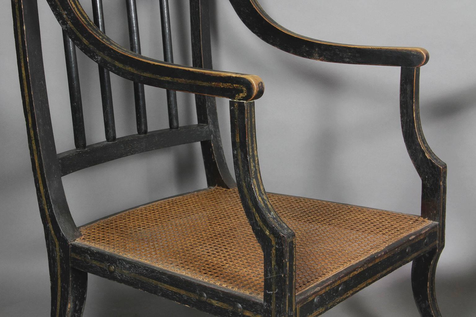 Pair of Regency Ebonized and Gilded Caned Armchairs 2