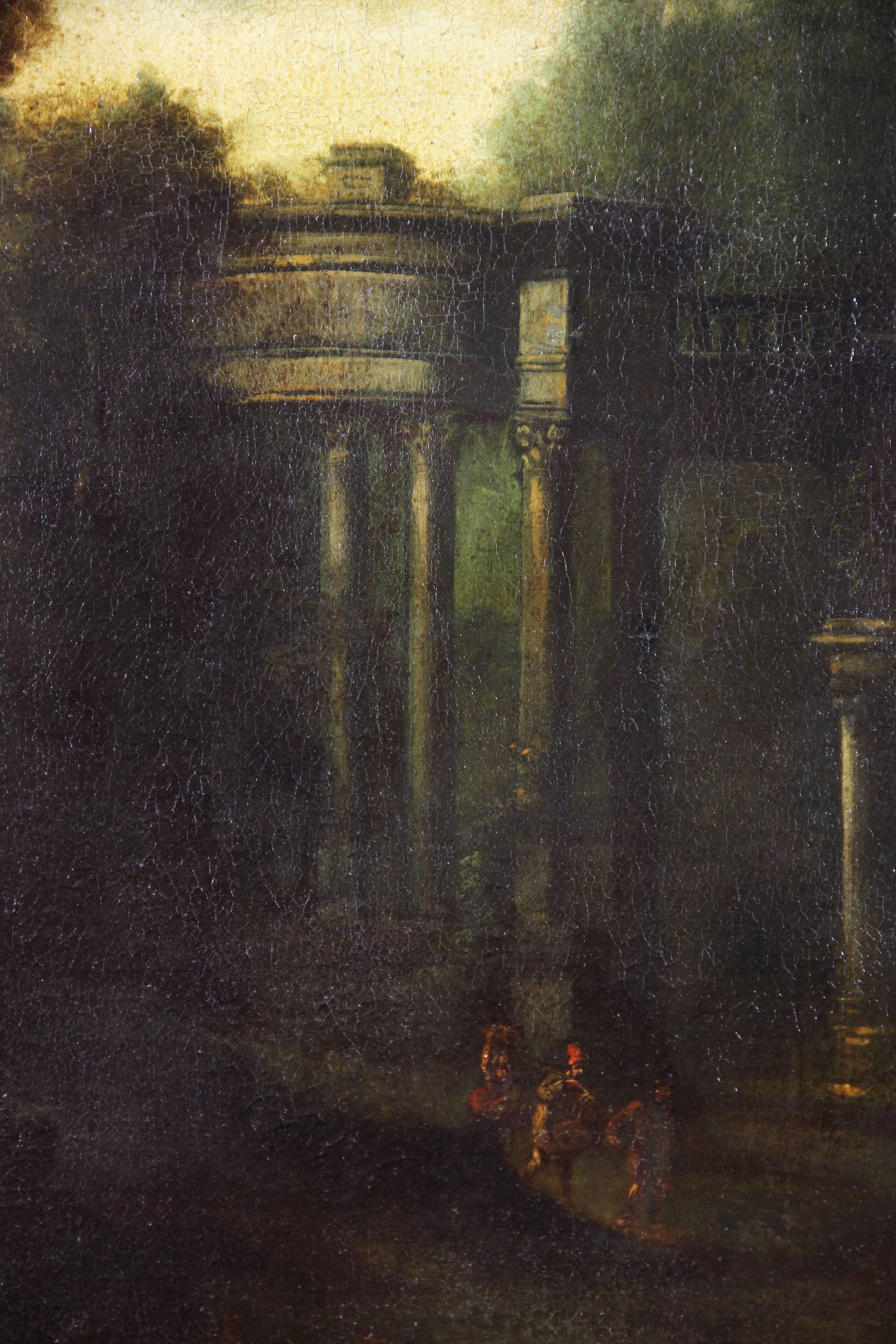 Depicting various figures in foreground with classical buildings in the background, figures serenading, playing hide and seek etc. Signed on canvas.