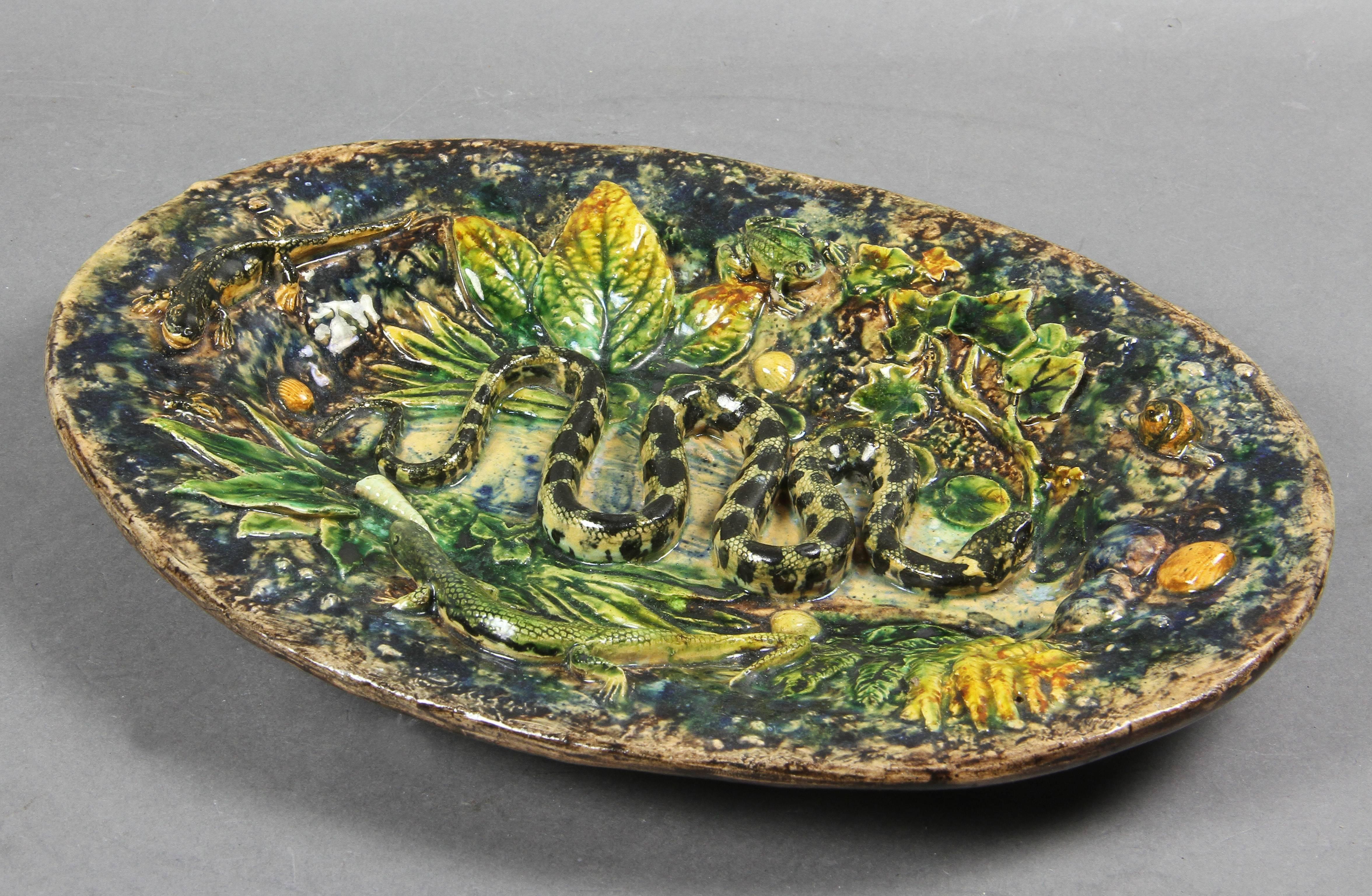 Baroque Revival Palissy Ware Small Platter by Henry Destrejuel