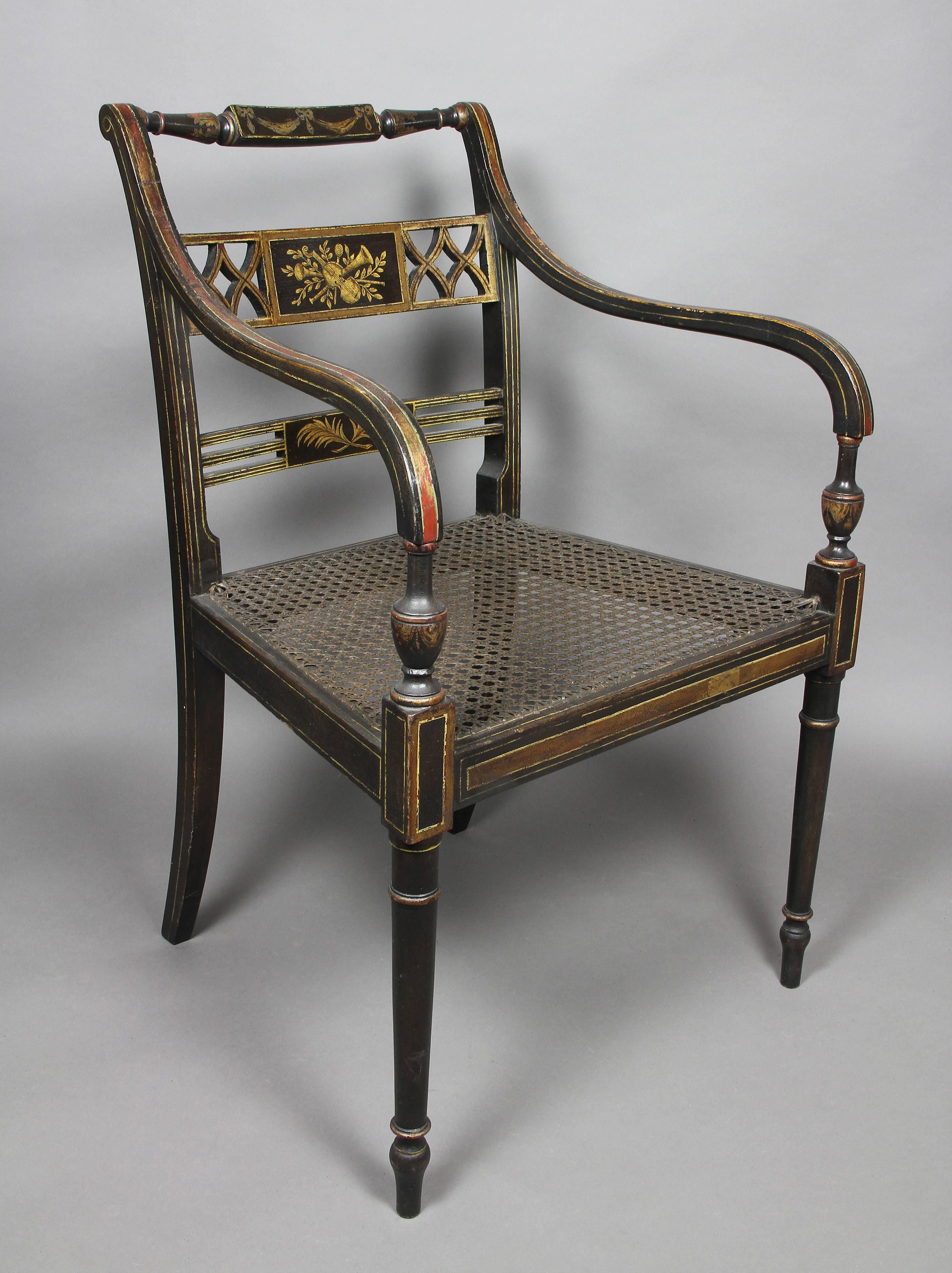 19th Century Set of Four Regency Japanned and Parcel-Gilt Armchairs