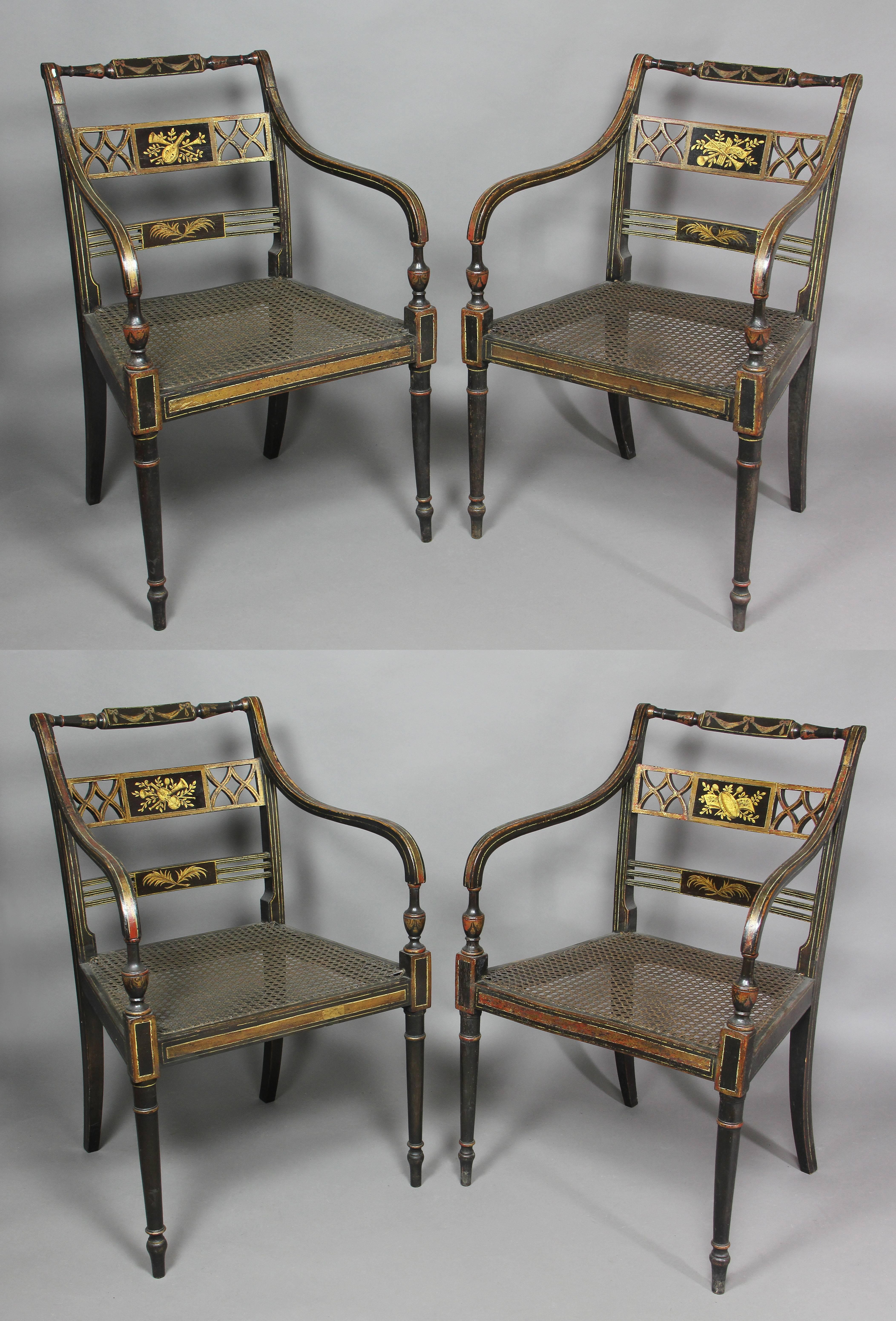 Set of Four Regency Japanned and Parcel-Gilt Armchairs 1