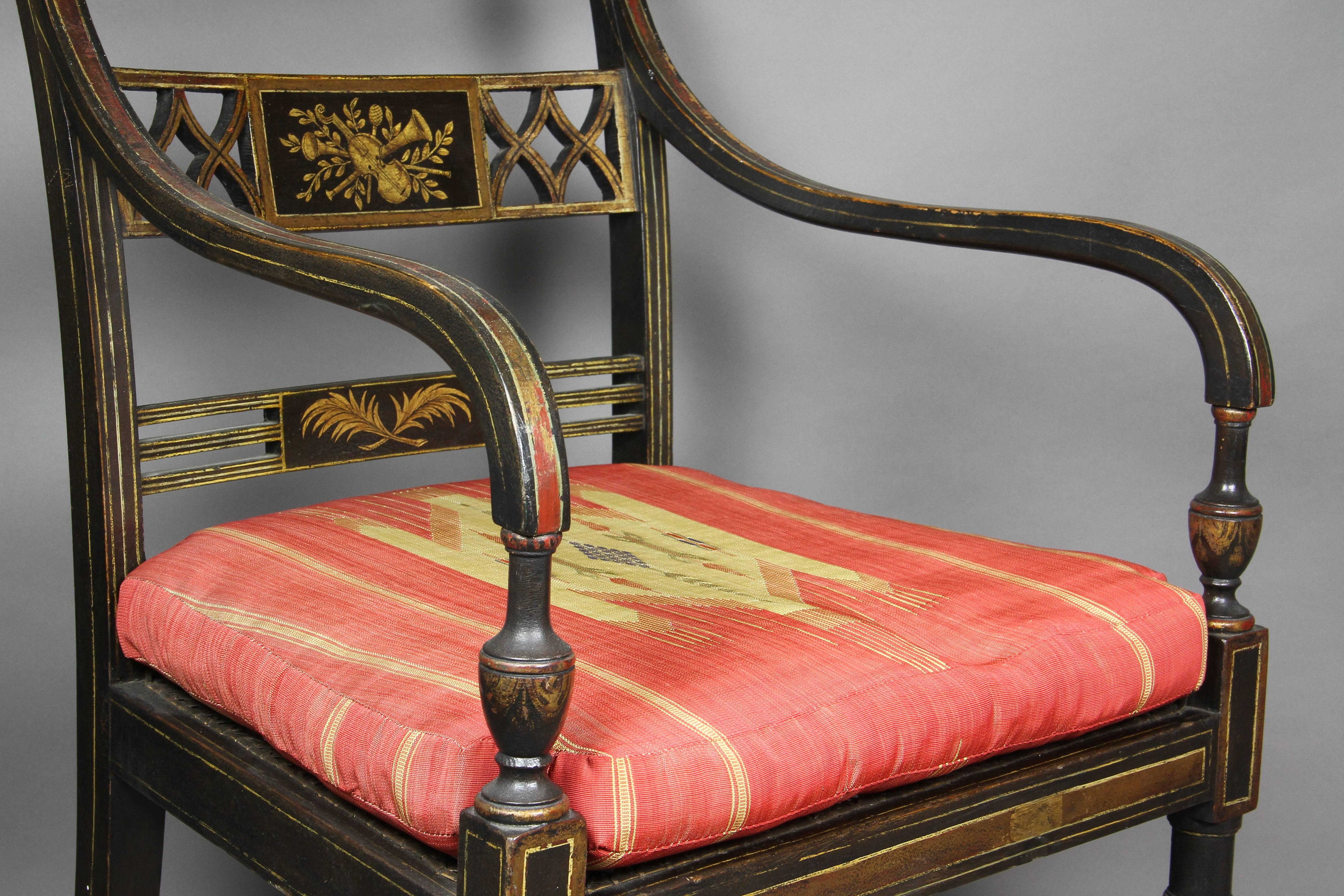Set of Four Regency Japanned and Parcel-Gilt Armchairs 4