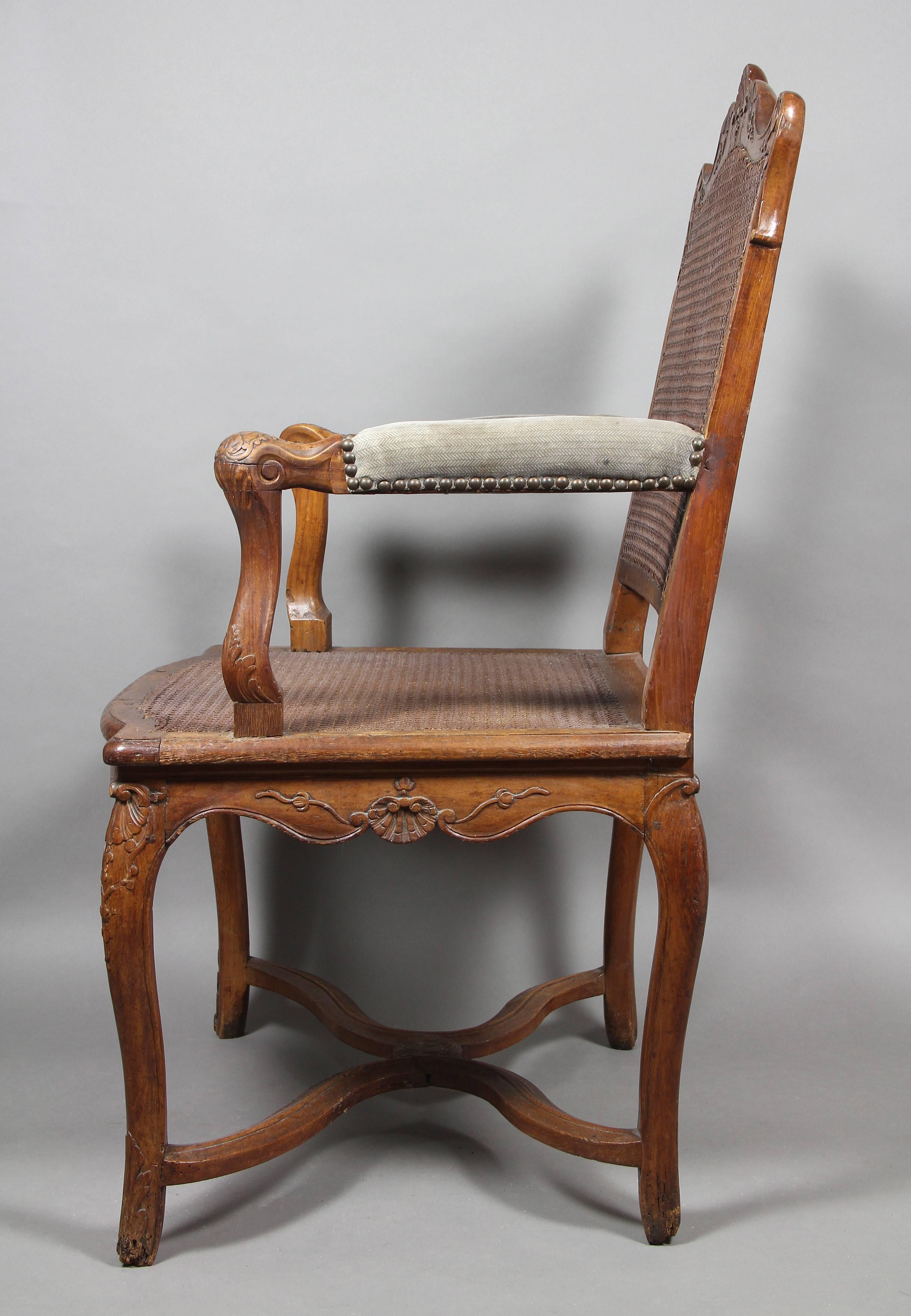 Louis XIV Regence Walnut and Caned Fauteuil/ Armchair For Sale